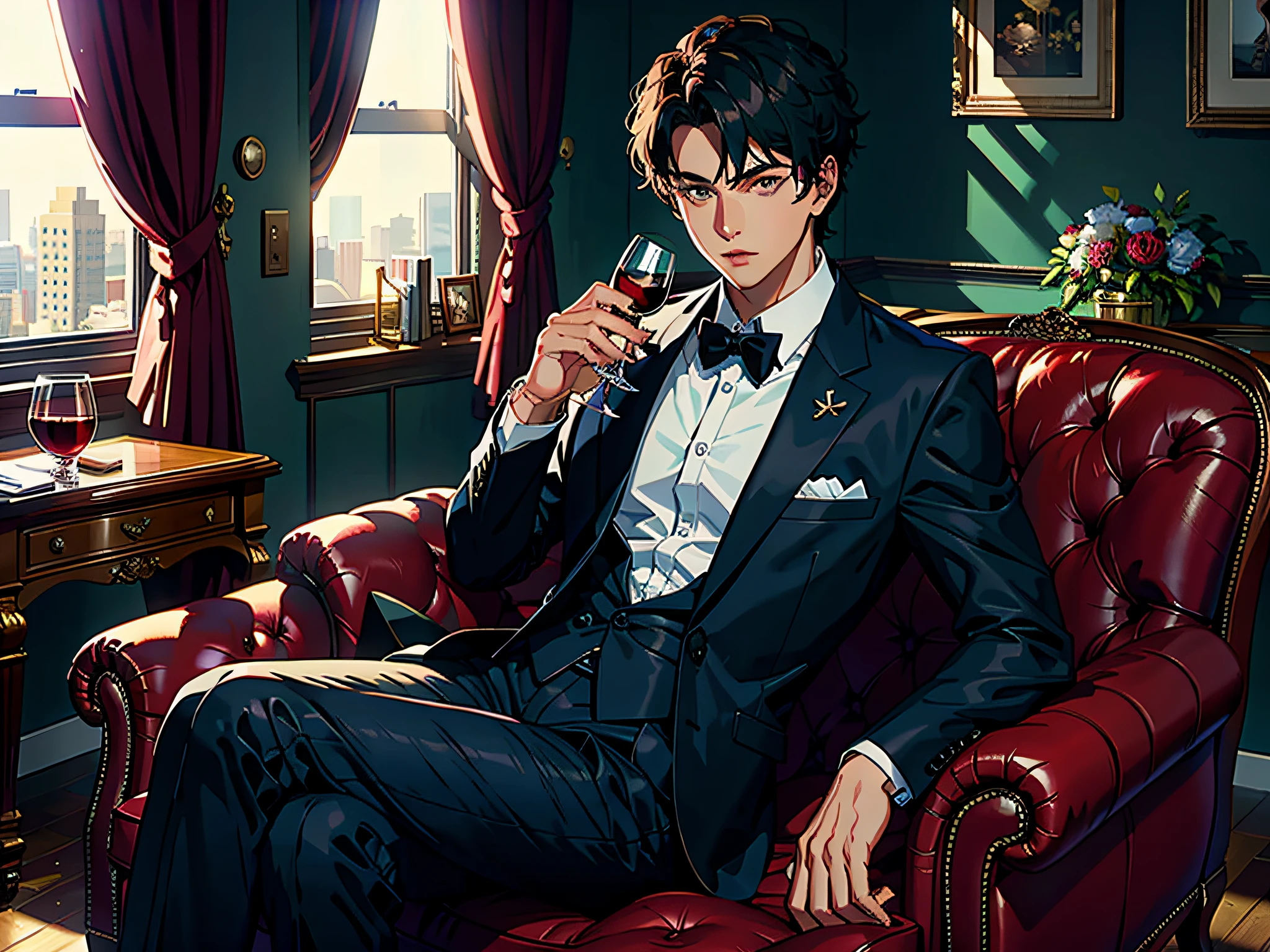 A handsome boy, sitting on a luxury sofa in the office, behind a floor-to-ceiling window, with a serious face, looking straight ahead, wearing a black suit and shirt, holding red wine in his hand