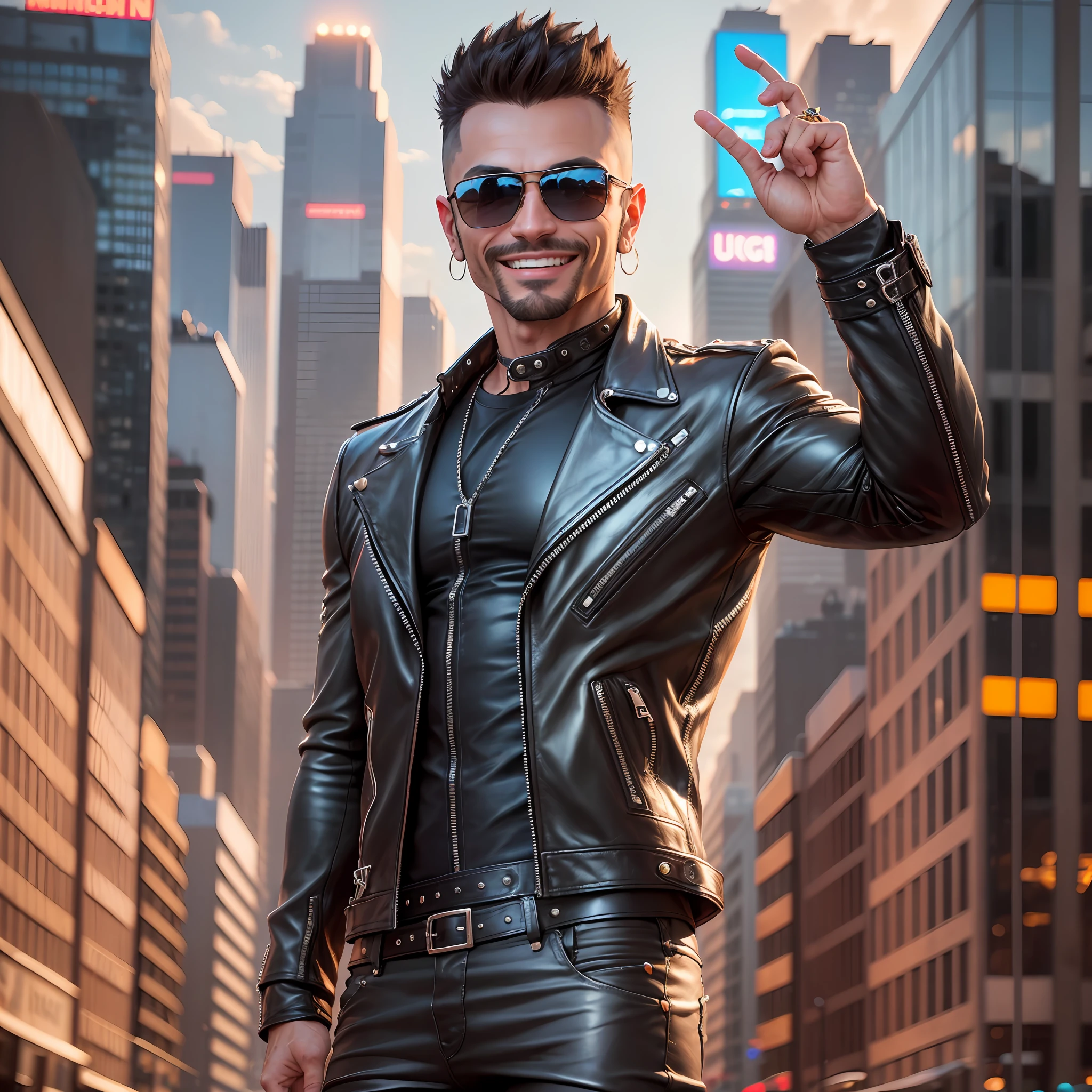 ((full body portrait of)) star antonio biaggi ((wearing a)) black leather jacket ((and)) aviator sunglasses, ((smiling)) in front of an ((urban)) backdrop. the city behind him is alive with bright lights and bustling with energy. he appears confident and powerful, with toned muscles and a chiseled jawline., ultra high res, best quality, 8k, raw photo --auto --s2