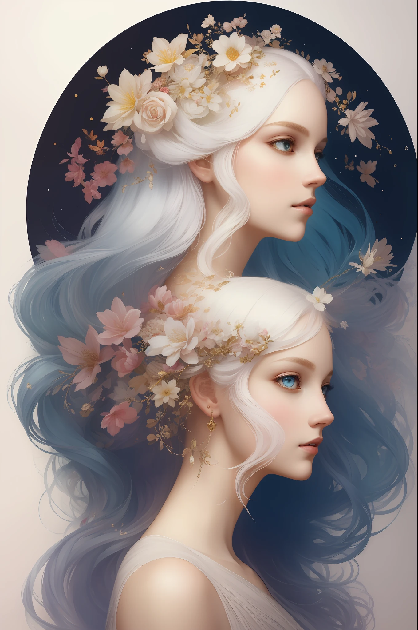 ((beautiful princess)), one person, long flowing white hair, (bright and beautiful eyes), trend in Art Station, Flower of Hope by Jean-Honor Fragonard, Peter mohrbacher, super detailed, crazy details, Impressive, intricate, elite, art nouveau, ornate, liquid wax, elegant, luxurious, Greg Rutkowski, paint style, sticker, vector art beautiful character design, double exposure shot, luminous design,  winning entry, masterpiece, amoled black background,