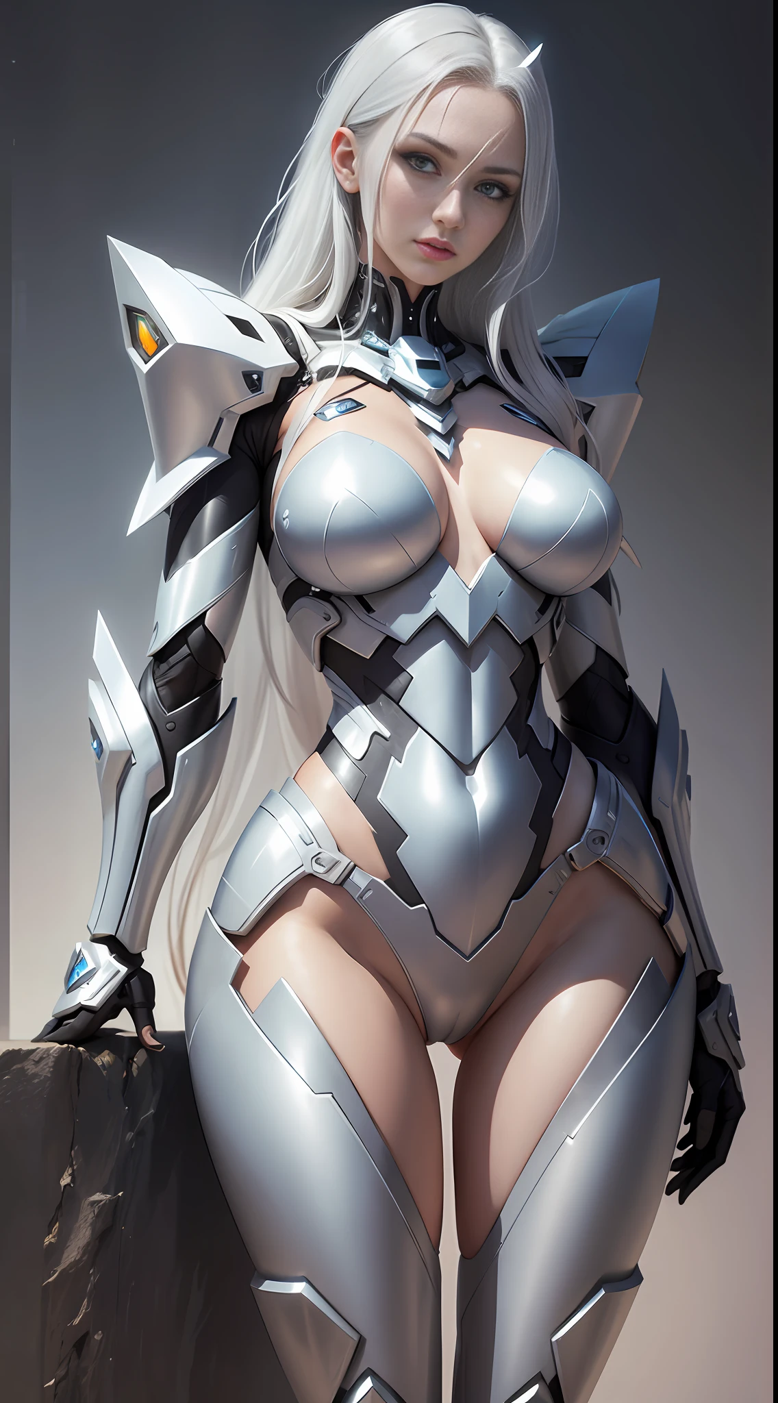 Doomsday, a silver-haired beautiful girl, fair skin, wearing a transparent mecha, exquisite facial details, no panties, camel toes, movie lighting, HD details, modern art, textured skin, chiaroscuro, realism