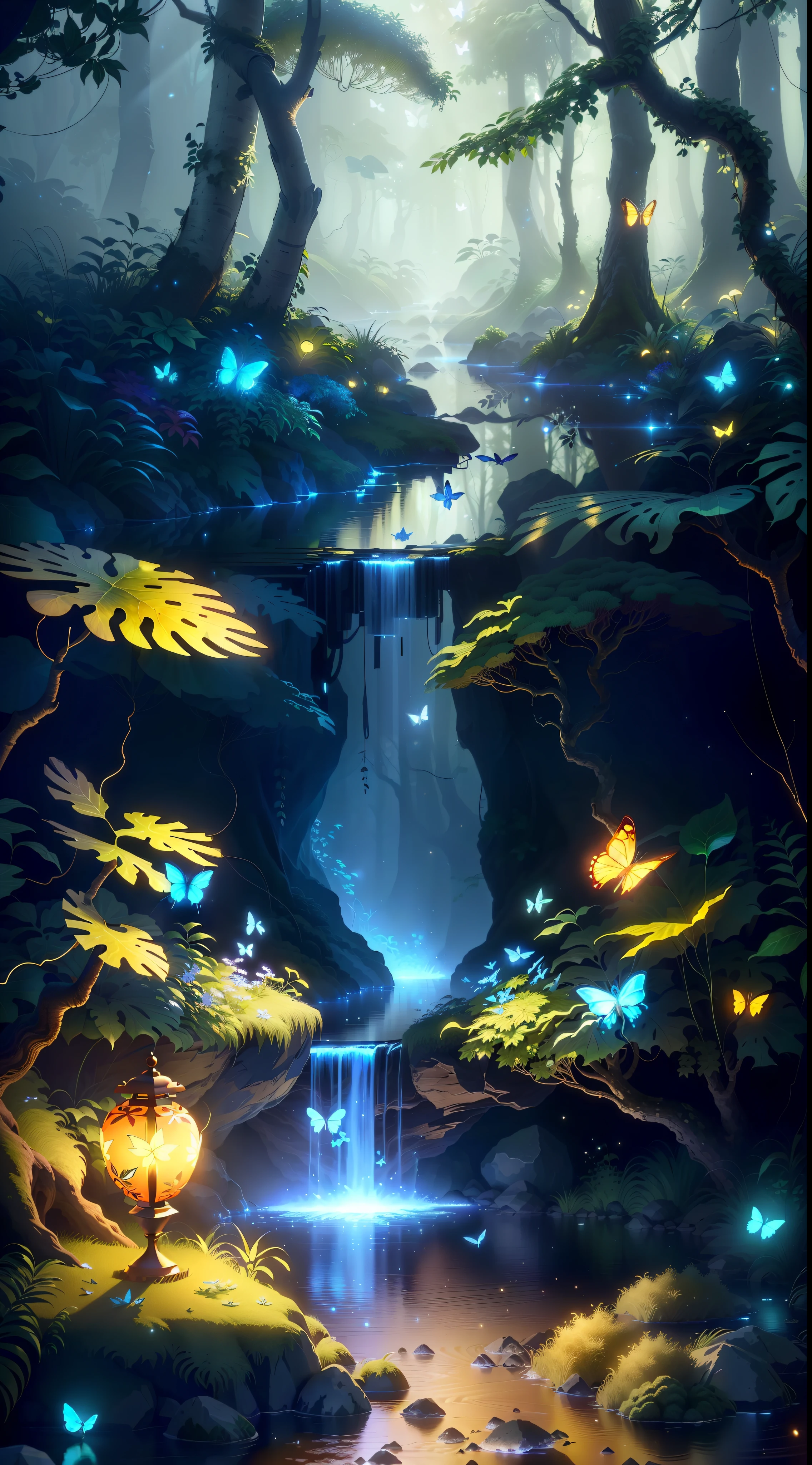 Masterpiece, best quality, butterflies, (highly detailed CG unity 8k wallpapers), (best quality), (best illustrations), (best shadows), forest theme with natural elements. Tall trees, quiet streams, small glowing mushrooms surrounded by delicate leaves and branches, with fireflies and glowing particle effects,, (natural elements), (jungle theme), (leaves), (twigs), (fireflies), butterflies, (delicate leaves), (glow), (particle effects). , Isometric 3D, Octane Rendering, Ray Traced, Super Detailed