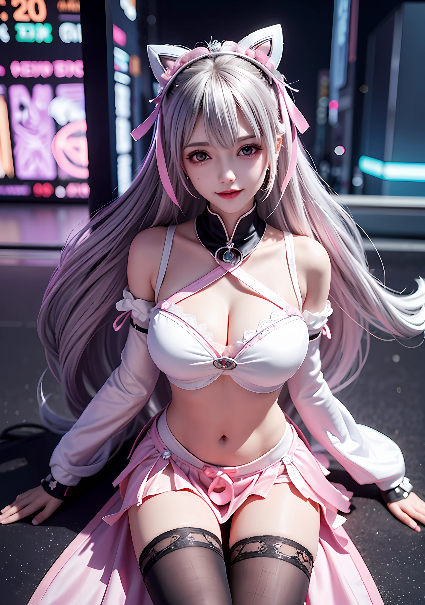 32k definition, high bitrate, 8k resolution, 1girl (1.7), silver long hair, cyberpunk style, stunning face, touching smile, feminine expression, nudity, crown, graffiti on face, face graffiti, big breasts, short skirt, pink ta, ribbon, stockings, long legs, sitting position, dreamy city background