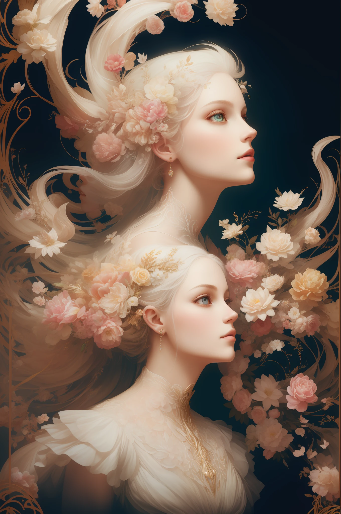 ((beautiful princess)), one person, long flowing white hair, (bright and beautiful eyes), trend in Art Station, Flower of Hope by Jean-Honor Fragonard, Peter mohrbacher, super detailed, crazy details, Impressive, intricate, elite, art nouveau, ornate, liquid wax, elegant, luxurious, Greg Rutkowski, paint style, sticker, vector art beautiful character design, double exposure shot, luminous design,  winning entry, masterpiece, amoled black background,