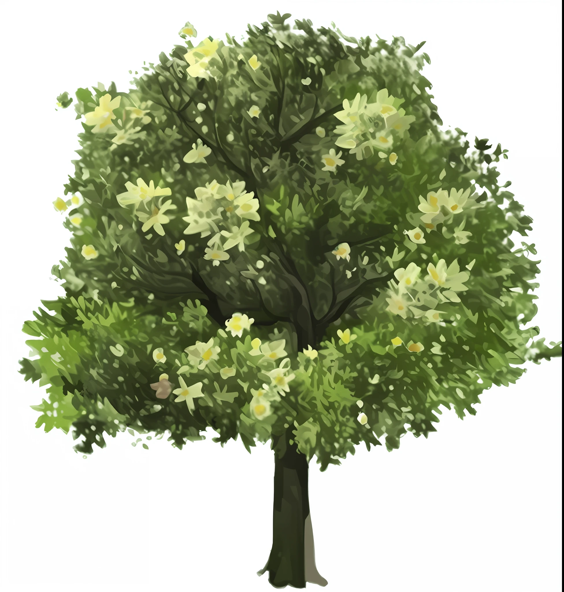 A tree, hand drawn illustration, small white flowers