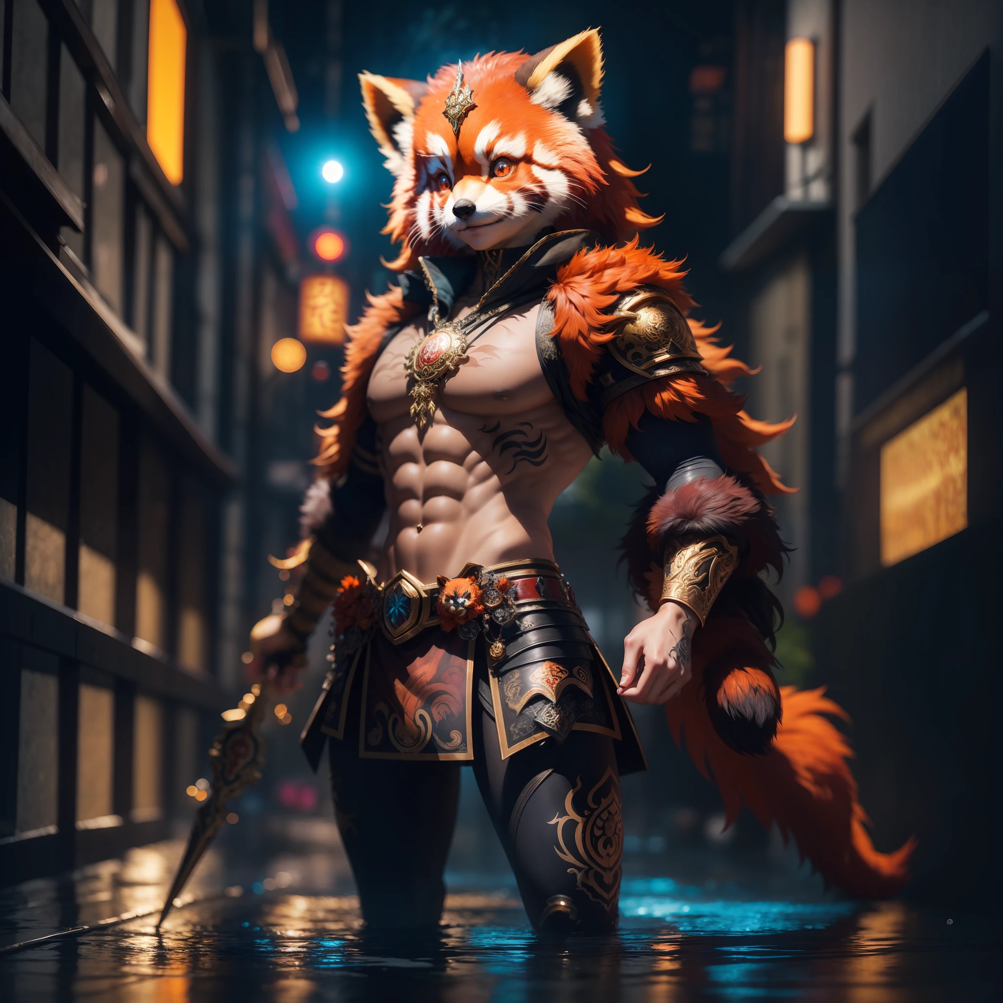 A Masterpiece, Fantasy world, Anime Style, Very Attractive,  Full body Red Panda Warrior, Perfect Orange eyes, In a Fantasy City, Tattoos,  Perfect Face, Perfect Body, Detailed and Intrincicate, Photoshoot, HD, Smilling, Bioluminicense, neon,  next to a Red Panda