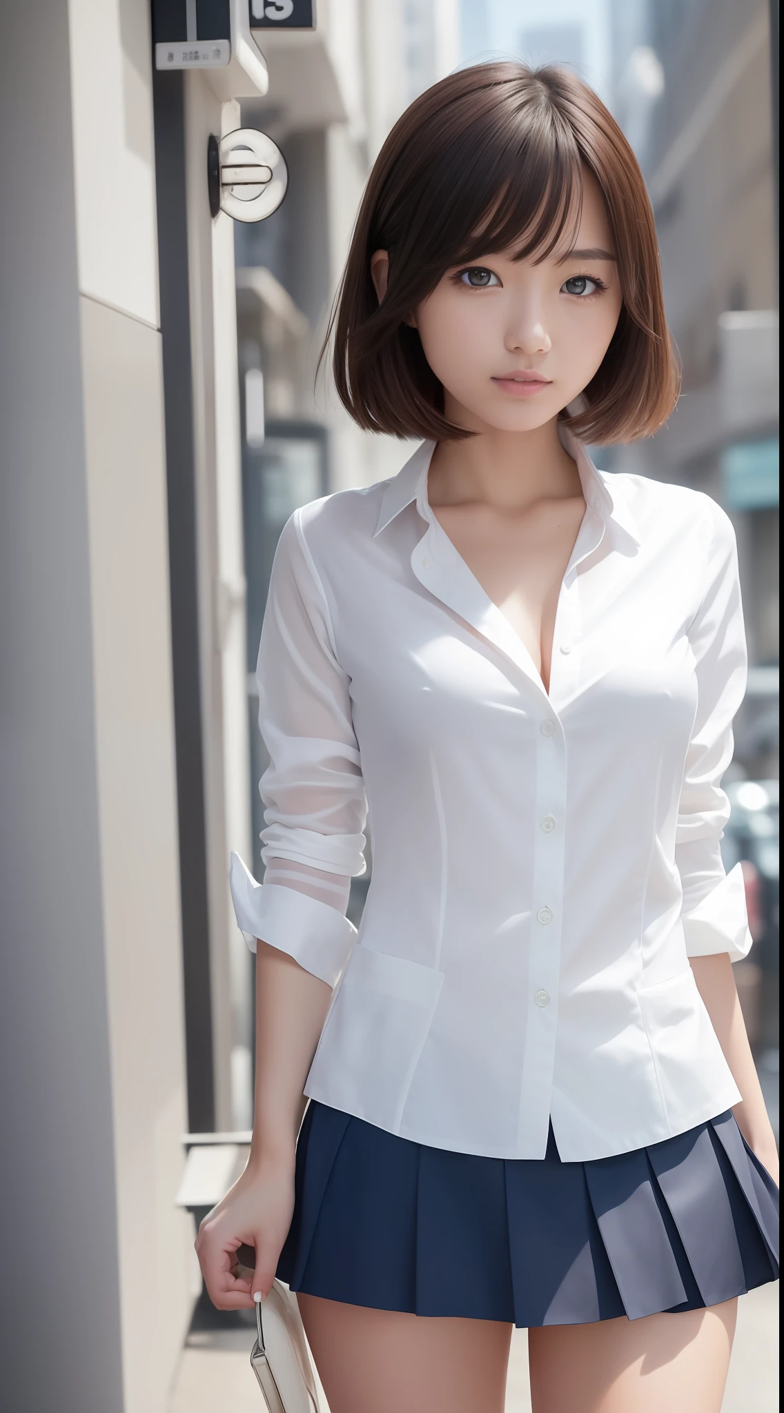 ((Best quality, 8k, Masterpiece: 1.3)), Sharp focus: 1.2, 1 AKB48 girl, beautiful face girl, cute face, small breasts, flat chest, short messy hair, standing, white casual clothes, navy business suit skirt, city, cafe, sunlight, dramatic angle, kindness, cinematic lighting, from below, (8k, masterpiece, best quality, raw photo)