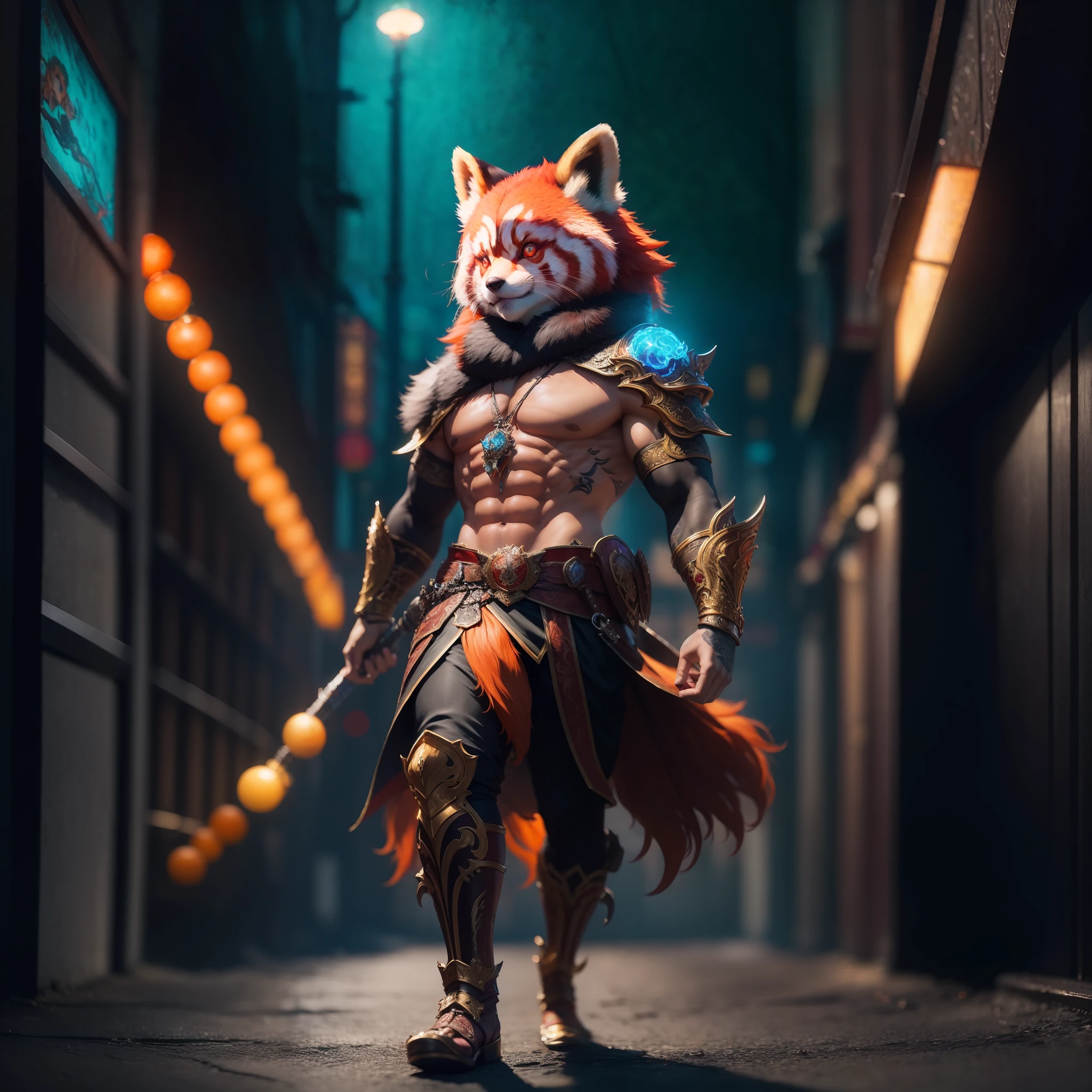 A Masterpiece, Fantasy world, Anime Style, Very Attractive,  Full body male Red Panda Warrior, Perfect Orange eyes, In a Fantasy City, Tattoos,  Perfect Face, Perfect Body, Detailed and Intrincicate, Photoshoot, HD, Smilling, Bioluminicense, neon