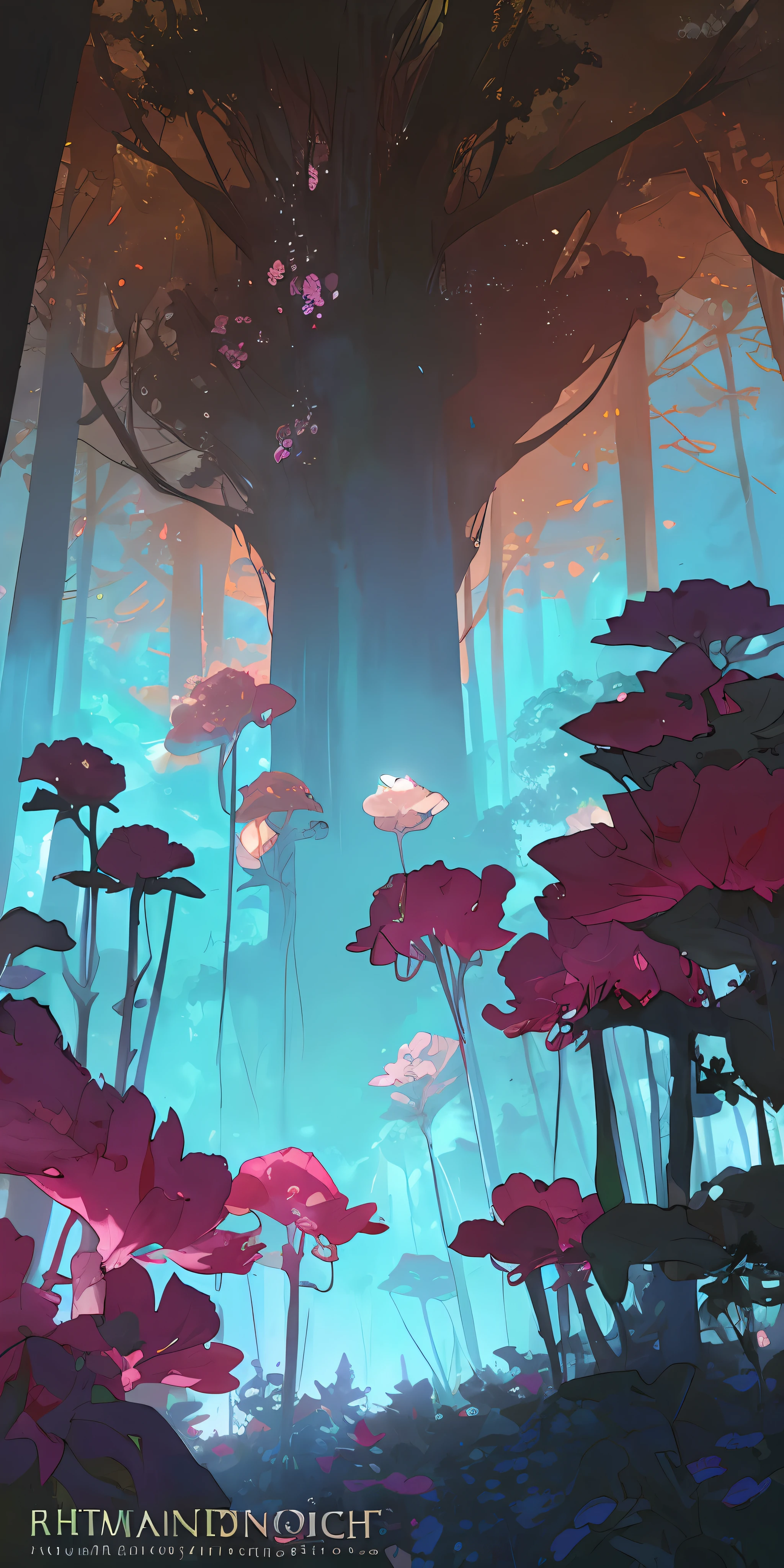 A glade, flowers grow in a clearing, a dark forest in the distance, the flowers are bright, shining, a clear sky turning into a dark one from above, a camera from below, dark lighting, volumetric lighting, super-detailing, detailing of the environment, high quality, cover, fantasy, art