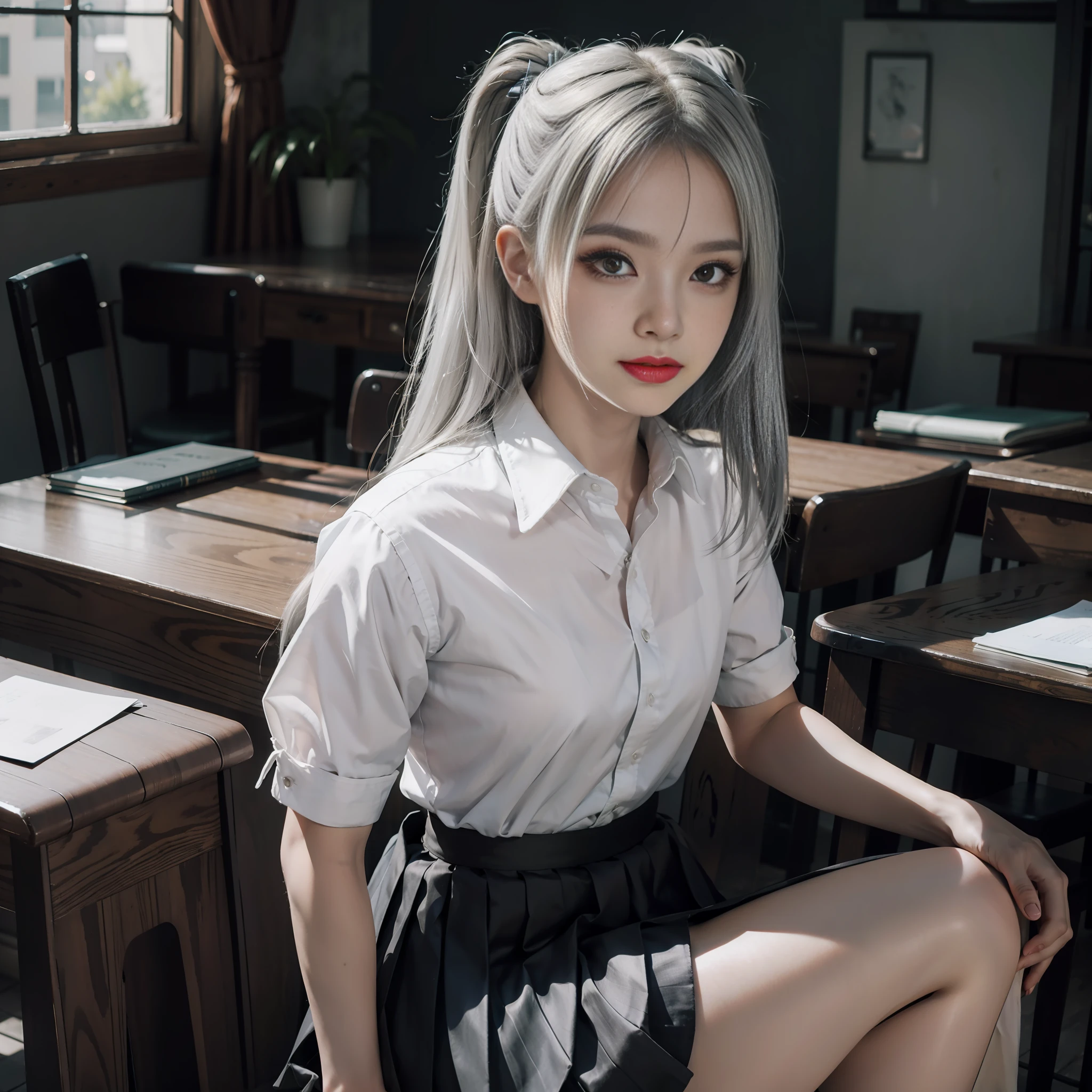 Striped hair, silver hair, messy hair, demon horn, evil smile, surrealism, cinematic lighting, film grain, sony fe gm, ultra hd, 8k, High detail, textured skin, high resolution, best quality, masterpiece, seductive expression, thick thighs, large, 1 girl, shirt, pleated skirt, school uniform, sitting, full body, pantyhose, skirt