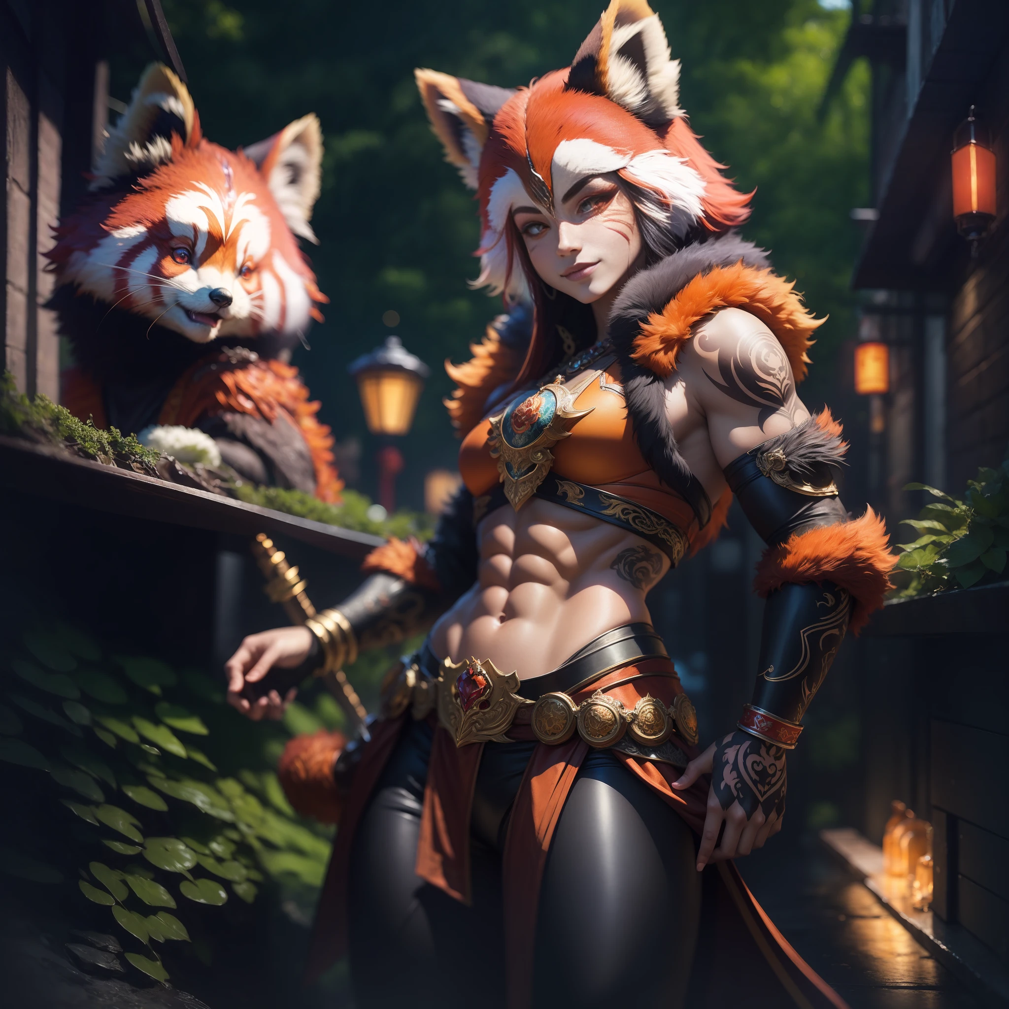 A Masterpiece, Fantasy world, Anime Style, Very Attractive,  Full body Red Panda Warrior, Perfect Orange eyes, In a Fantasy City, Tattoos,  Perfect Face, Perfect Body, Detailed and Intrincicate, Photoshoot, HD, Smilling, Bioluminicense, neon, Red Panda