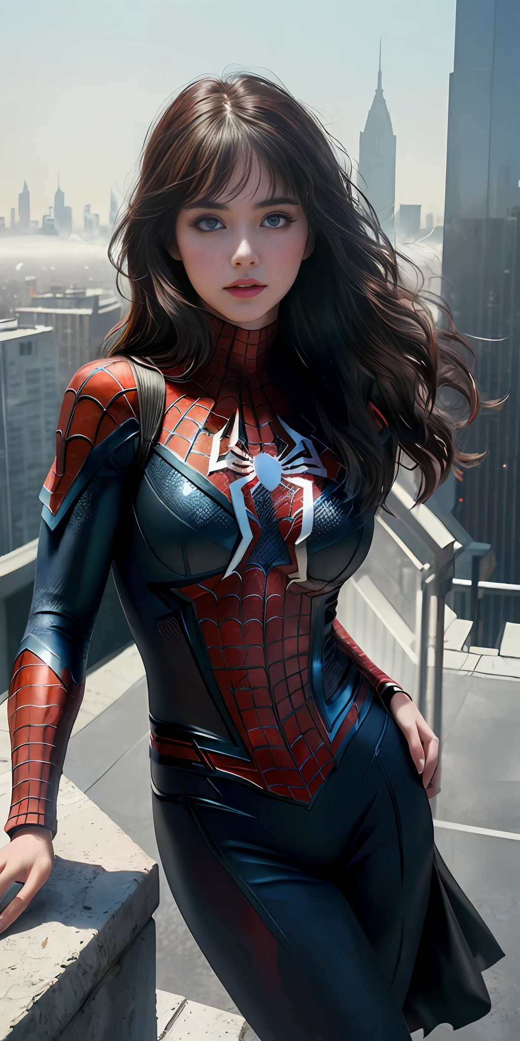 (1girl:1.3), Solo, (((Very detailed face)))), ((Very detailed eyes and face)))), Beautiful detail eyes, Body parts__, Official art, Unified 8k wallpaper, Super detailed, beautiful and beautiful, beautiful, masterpiece, best quality, original, masterpiece, super fine photo, best quality, super high resolution, realistic realism, sunlight, full body portrait, amazing beauty, dynamic pose, delicate face, vibrant eyes, (from the front), She wears a Spider-Man suit, red and black color scheme, spider, very detailed 70s vintage retro architectural background, rooftop, overlooking the city, detailed face, detailed complex busy background, messy, gorgeous, milky white, highly detailed skin, realistic skin details, visible pores, clear focus, volumetric fog, 8k uhd, DSLR, high quality, film grain, fair skin, photo realism, lomography, futuristic dystopian giant metropolis, translucent