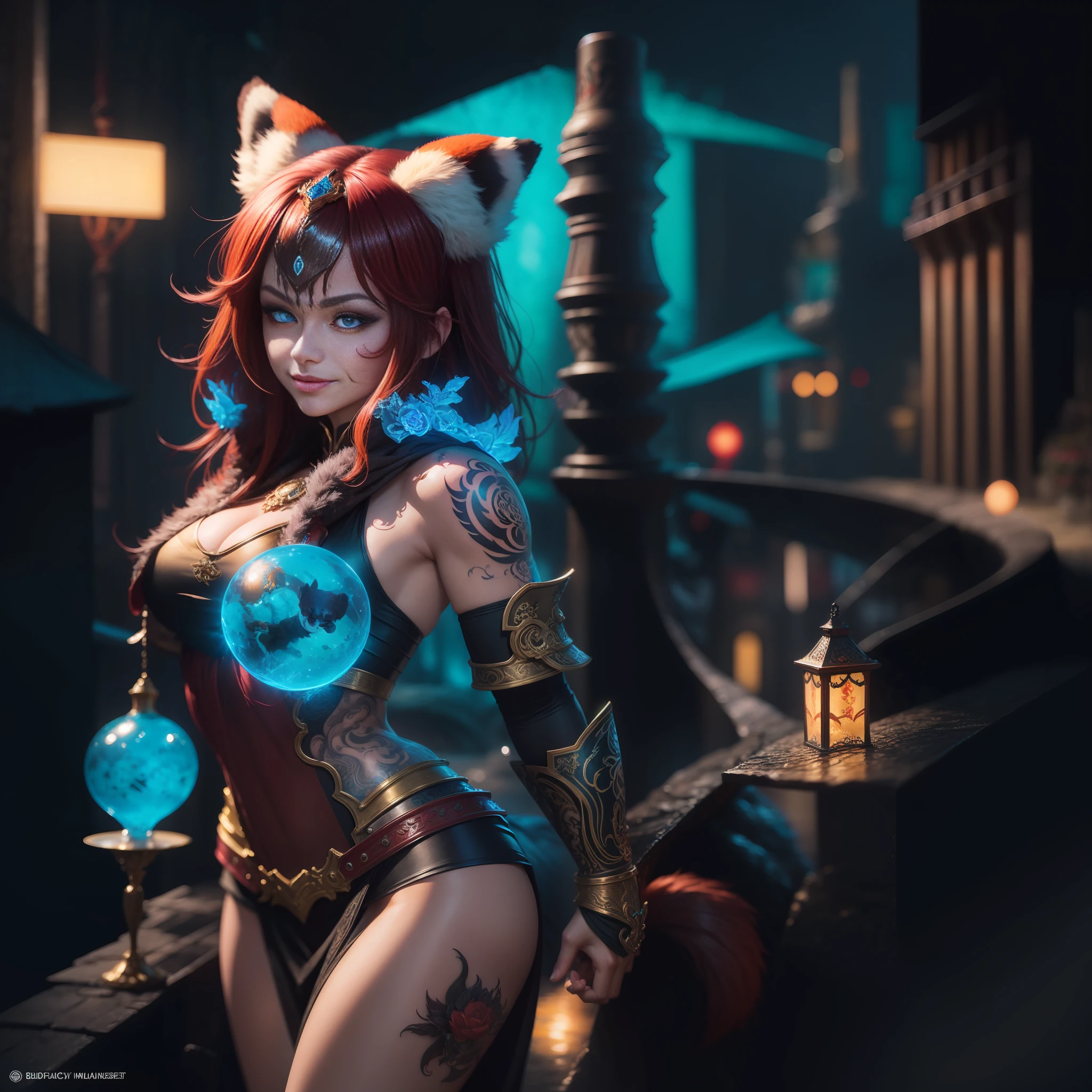 A Masterpiece, Fantasy world, Anime Style, Very Attractive, Red Panda Warrior, Perfect Blue eyes, In a Fantasy City, Tattoos, Perfect Face, Perfect Body, Detailed and Intrincicate, Photoshoot, HD, Smilling, Bioluminicense, neon,