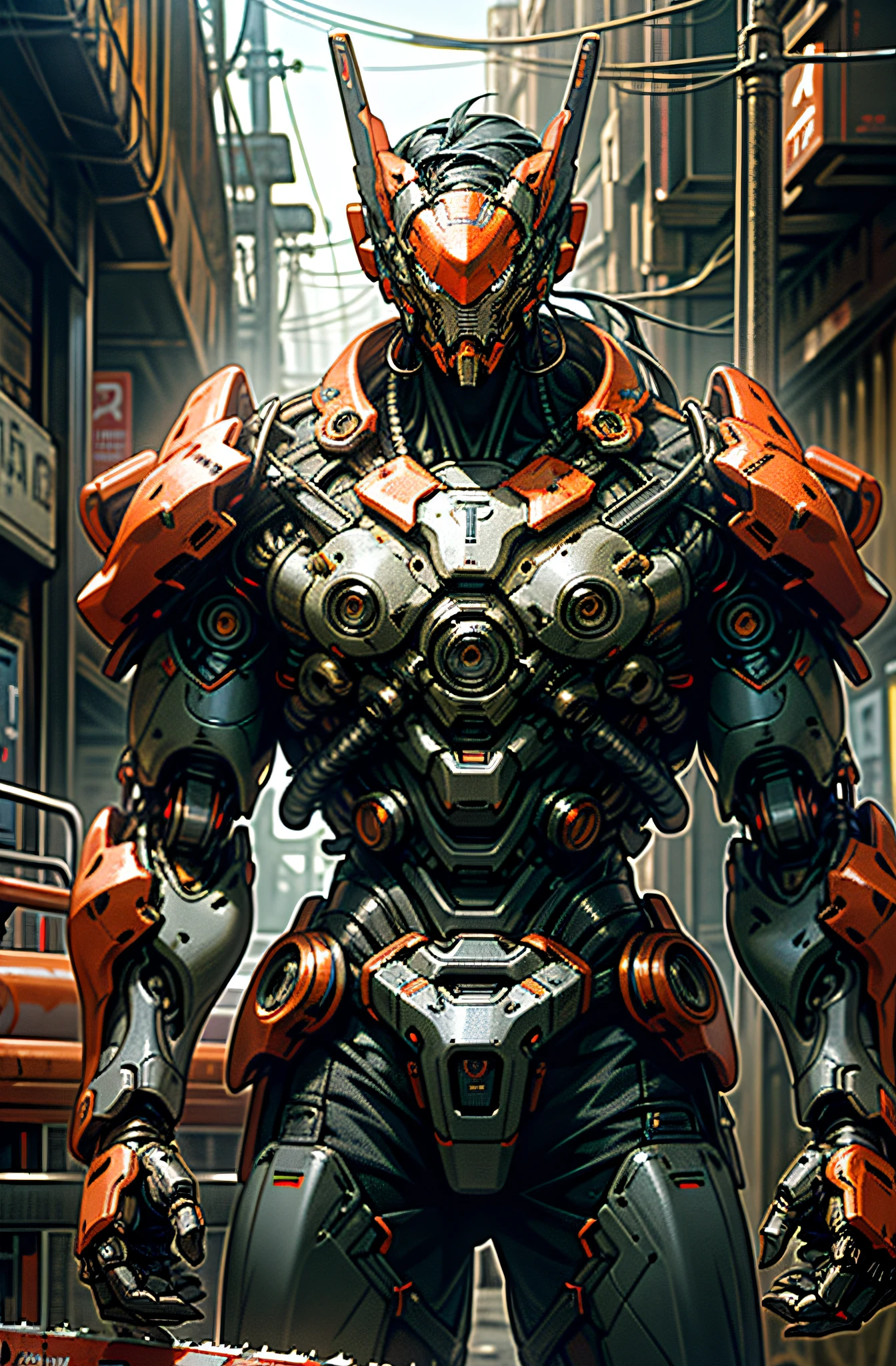 Dark_Fantasy,Cyberpunk,(chain saw,chain saw man,Red:1.1),1man,Mechanical marvel,Robotic presence,Cybernetic guardian, wearing a worn-out mech suit, intricate, (steel metal [rusty]), elegant, clear focus, shot by greg rutkowski, soft lighting, vibrant colors, masterpiece, ((street)), cowboy shot, dynamic pose,