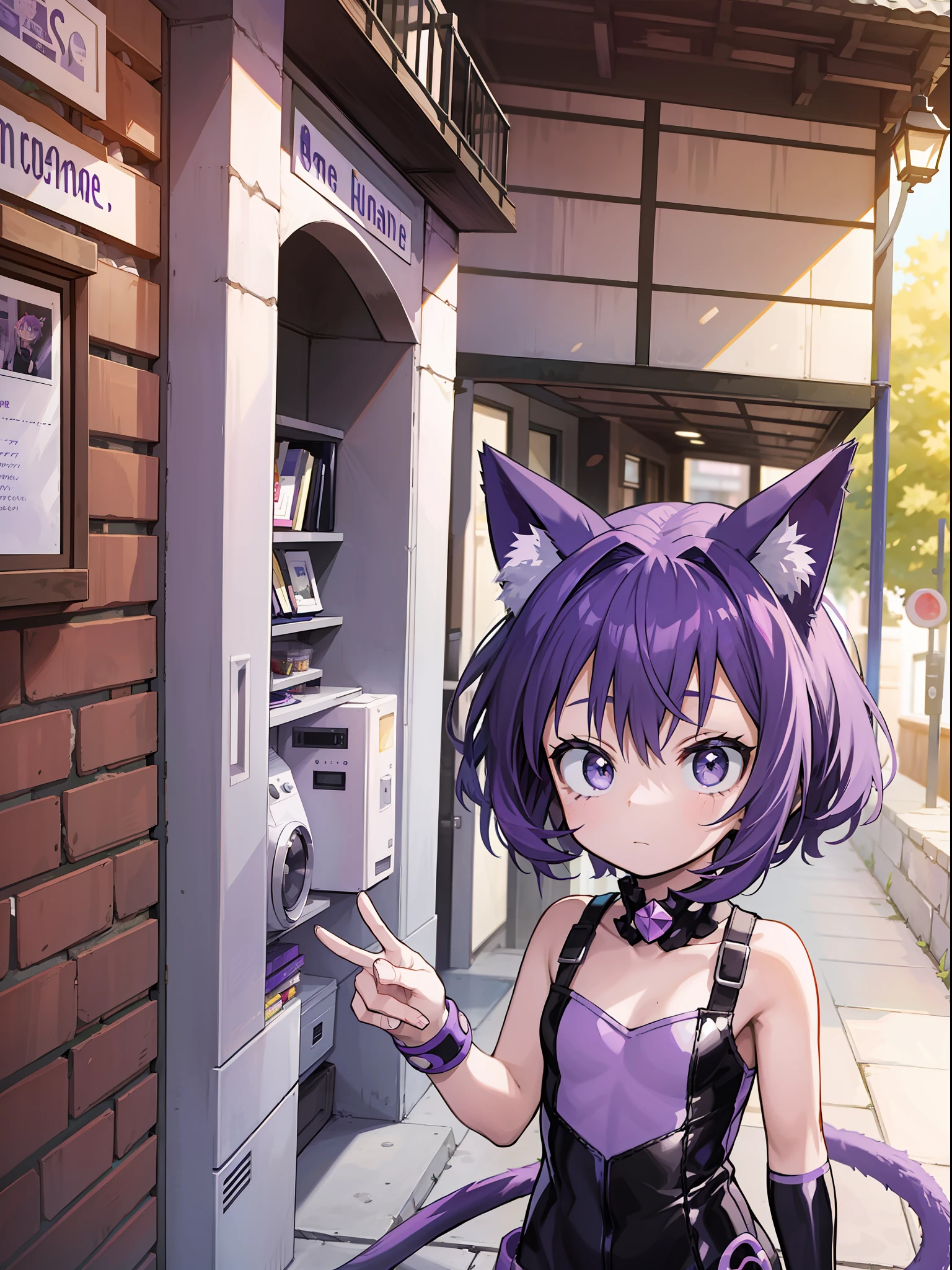 A ***********, Short Hair, Purple Hair, Small Purple Cat Ears, A Purple Cat Tail, Hero Clothes, Amine Style