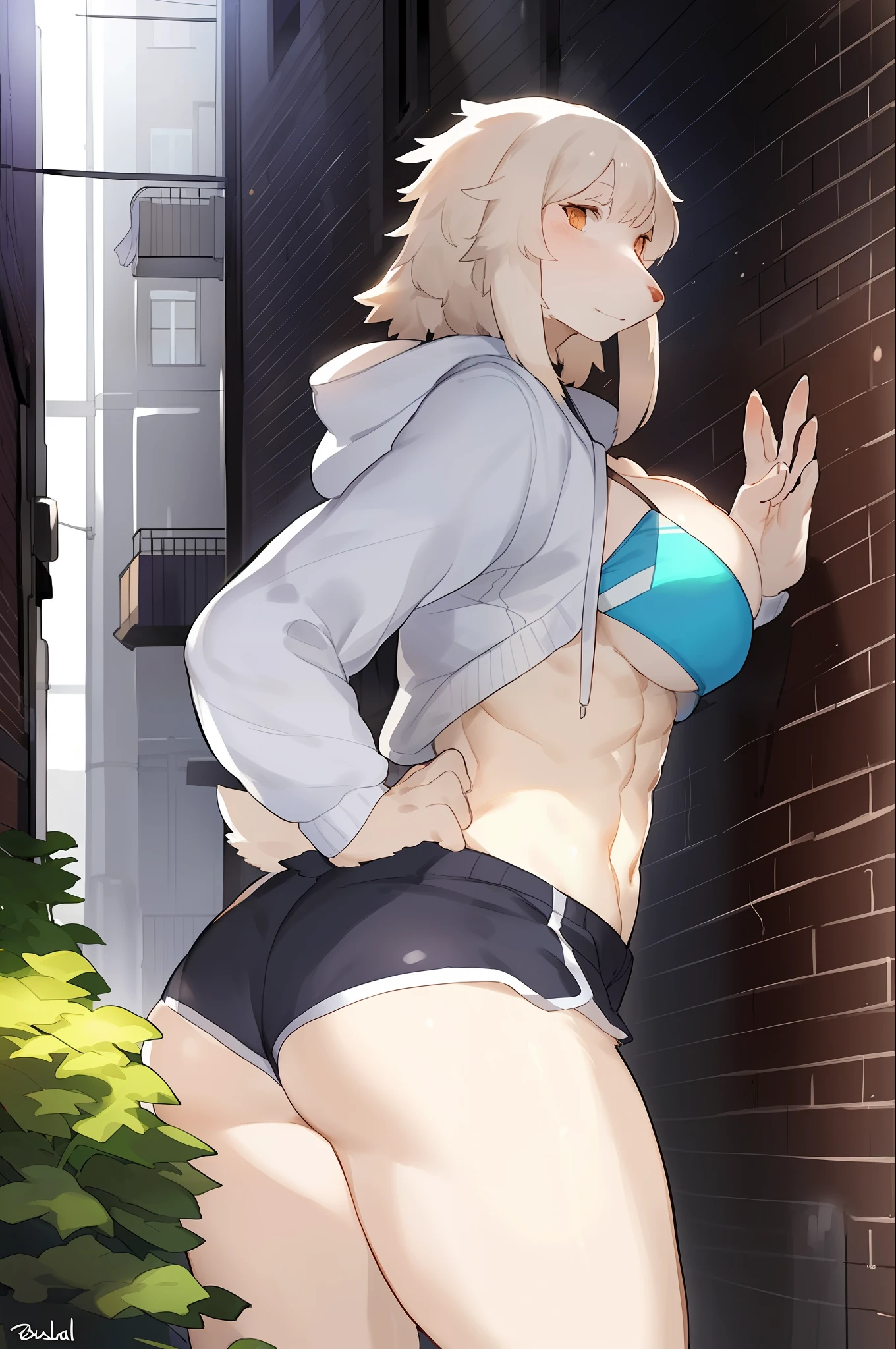 Solo, anthro, hair, female, by bebebebebe, by pgm300, by buta99, by suurin 2, by sindoll, by kishibe, muscular, abs, cleavage, alleyway, plants, cropped hoodie, booty shorts, long snout, borzoi