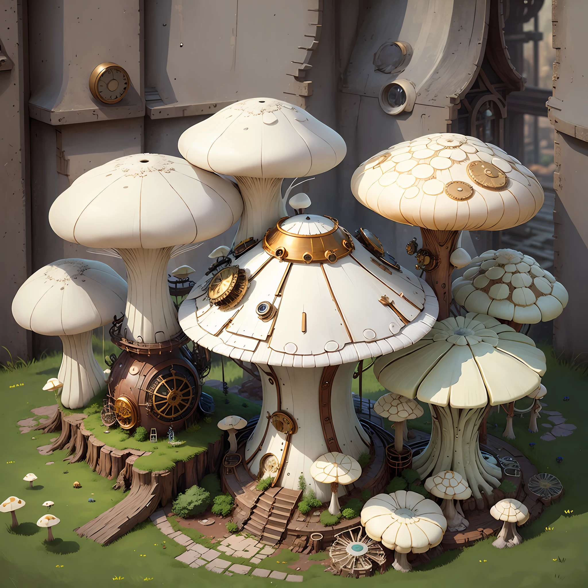 Design a building based on white mushrooms, add more steampunk elements to the roof, add water features to the ground, background is primeval forest, low angle shots, steampunk style --auto --s2