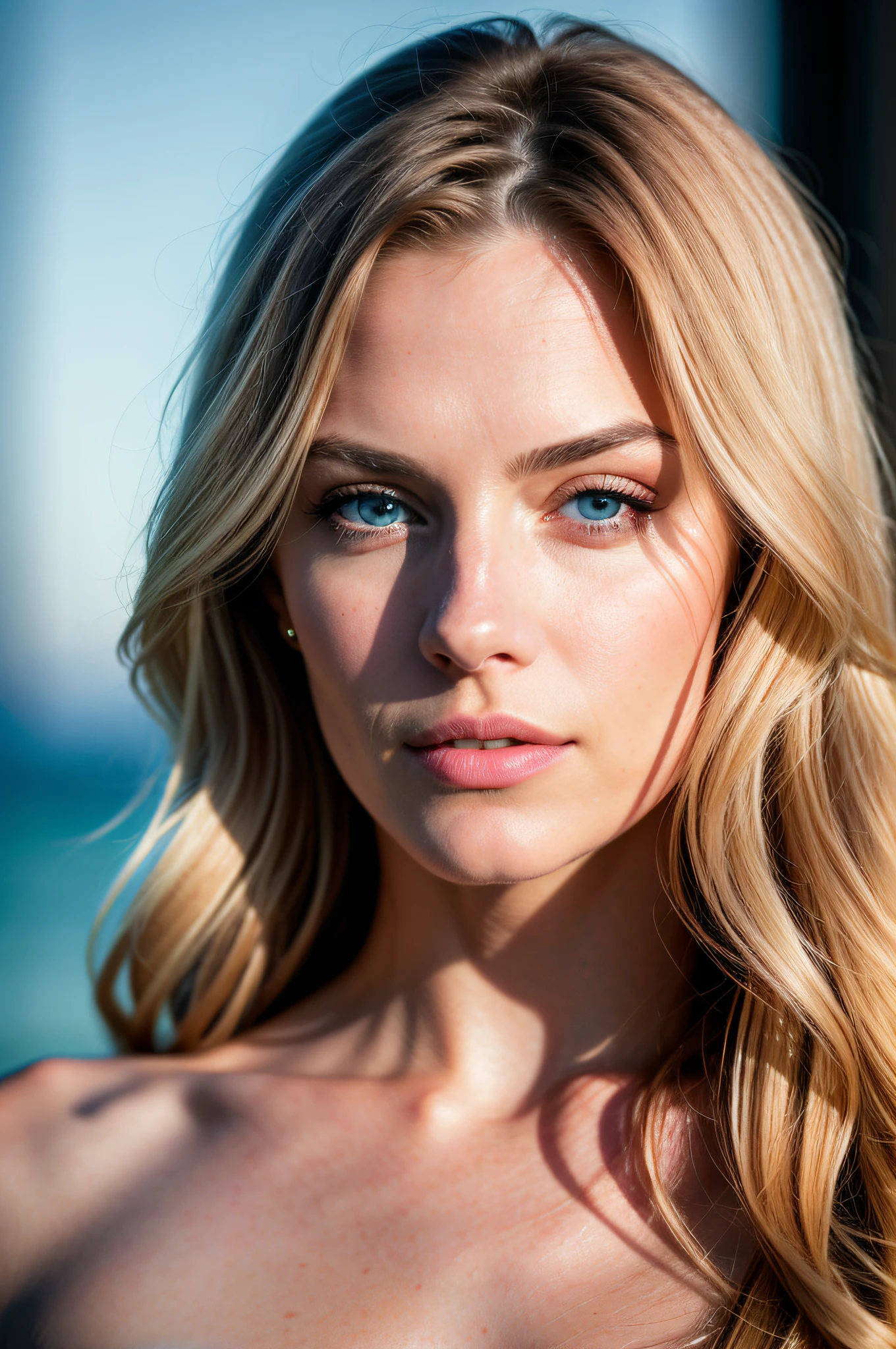 Executive woman, long straight blonde hair, wearing a thin and elegant suit, front view, very detailed, 35 years, natural wave hair, blue eyes, high-res, masterpiece, best quality, intricate details, highly detailed, sharp focus, detailed skin, realistic skin texture, texture, detailed eyes, professional, 4k, Canon shot, 85mm, shallow depth of field, Kodak vision color, perfect fit body, extremely detailed, photo_\(ultra\), photorealistic, realistic, post-processing, maximum detail, roughness, real life, ultra realistic, photorealism, photography, 8k uhd, photography (grain of film) medium shot for closeup shot atmospheric dark lighting