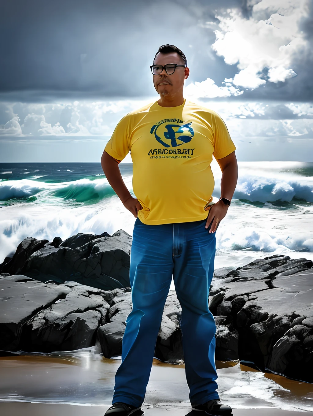 guttonerdvision5, detailed photograph of one (bespectacled man: 1.3), (storm: 1.2), (waves: 1.3), ocean, (lighthouse background: 1.3), (cowboy photo: 1.4), looking at camera, pose for photography, (soft colors: 1.2), realistic, masterpiece, high quality, backlighting, (lens reflection:1.1), (flowering:1.1), (chromatic aberration:1.1)