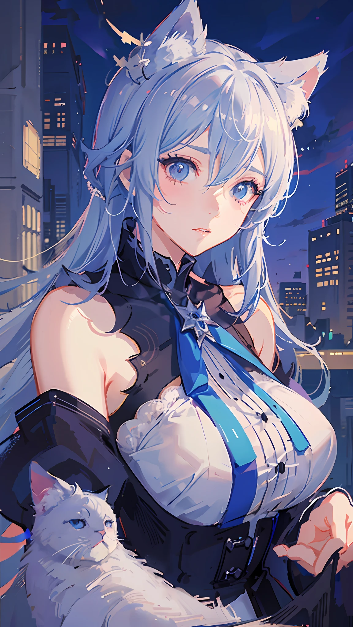 anime girl with white hair and blue dress laying on a white cat, detailed digital anime art, guweiz, trending on artstation pixiv, soft anime illustration, artwork in the style of guweiz, digital art on pixiv, cute detailed digital art, guweiz on pixiv artstation, guweiz on artstation pixiv