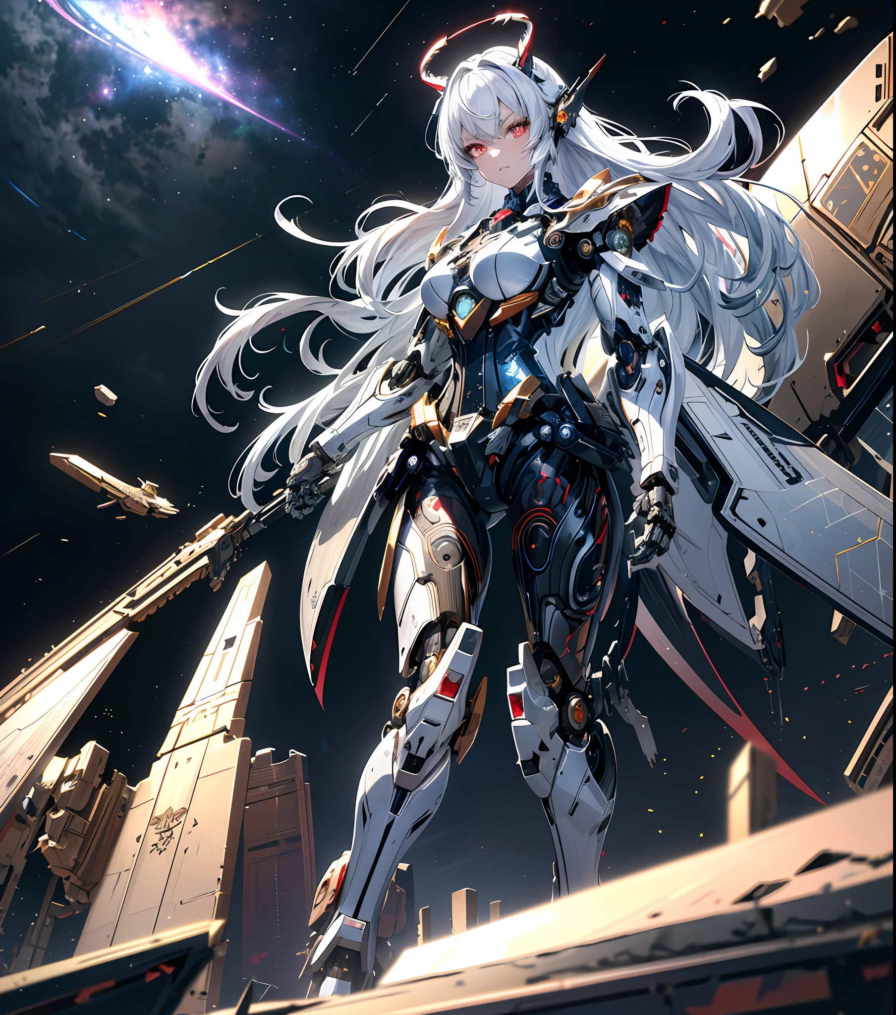 masterpiece,best quality,ultra-detailed,very detailed illustrations,extremely detailed,intricate details,highres,super complex details,extremely detailed 8k cg wallpaper,cowboy shot, caustics,reflection,ray tracing,demontheme,nebula,dark aura,cyber effect, (1girl:1.4),solo,alone,mecha musume,mechanical parts, robot joints,single mechanical arm, headgear, mechanical halo,star halo,intricate mechanical bodysuit, mecha corset, full armor, very long hair,white hair, hair between eyes, multicolored hair, colored inner hair, red eyes,glowing eye,eye trail, random expressions,random action, ancient japanese architecture,pond, starry sky,skyline,
