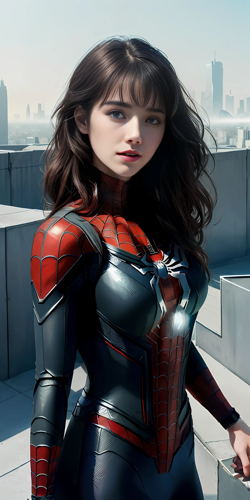 (1girl:1.3), Solo, (((Very detailed face)))), ((Very detailed eyes and face)))), Beautiful detail eyes, Body parts__, Official art, Unified 8k wallpaper, Super detailed, beautiful and beautiful, beautiful, masterpiece, best quality, original, masterpiece, super fine photo, best quality, super high resolution, realistic realism, sunlight, full body portrait, amazing beauty, dynamic pose, delicate face, vibrant eyes, (from the front), She wears a Spider-Man suit, red and black color scheme, spider, very detailed 70s vintage retro architectural background, rooftop, overlooking the city, detailed face, detailed complex busy background, messy, gorgeous, milky white, highly detailed skin, realistic skin details, visible pores, clear focus, volumetric fog, 8k uhd, DSLR, high quality, film grain, fair skin, photo realism, lomography, futuristic dystopian giant metropolis, translucent