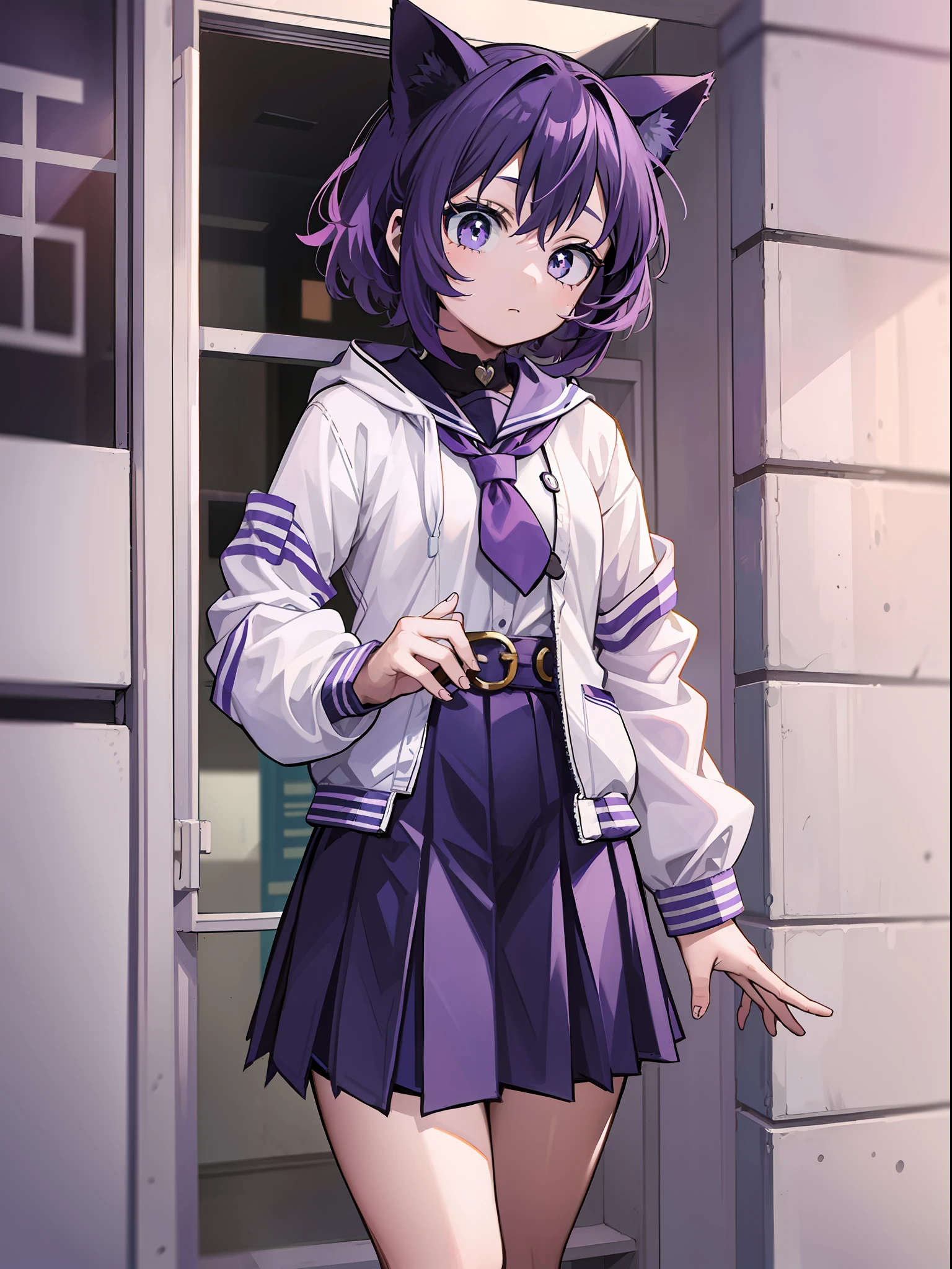 A ***********, Short Hair, Purple Hair, Small Purple Cat Ears, A Purple Cat Tail, School Clothes Clothes, Amine Style