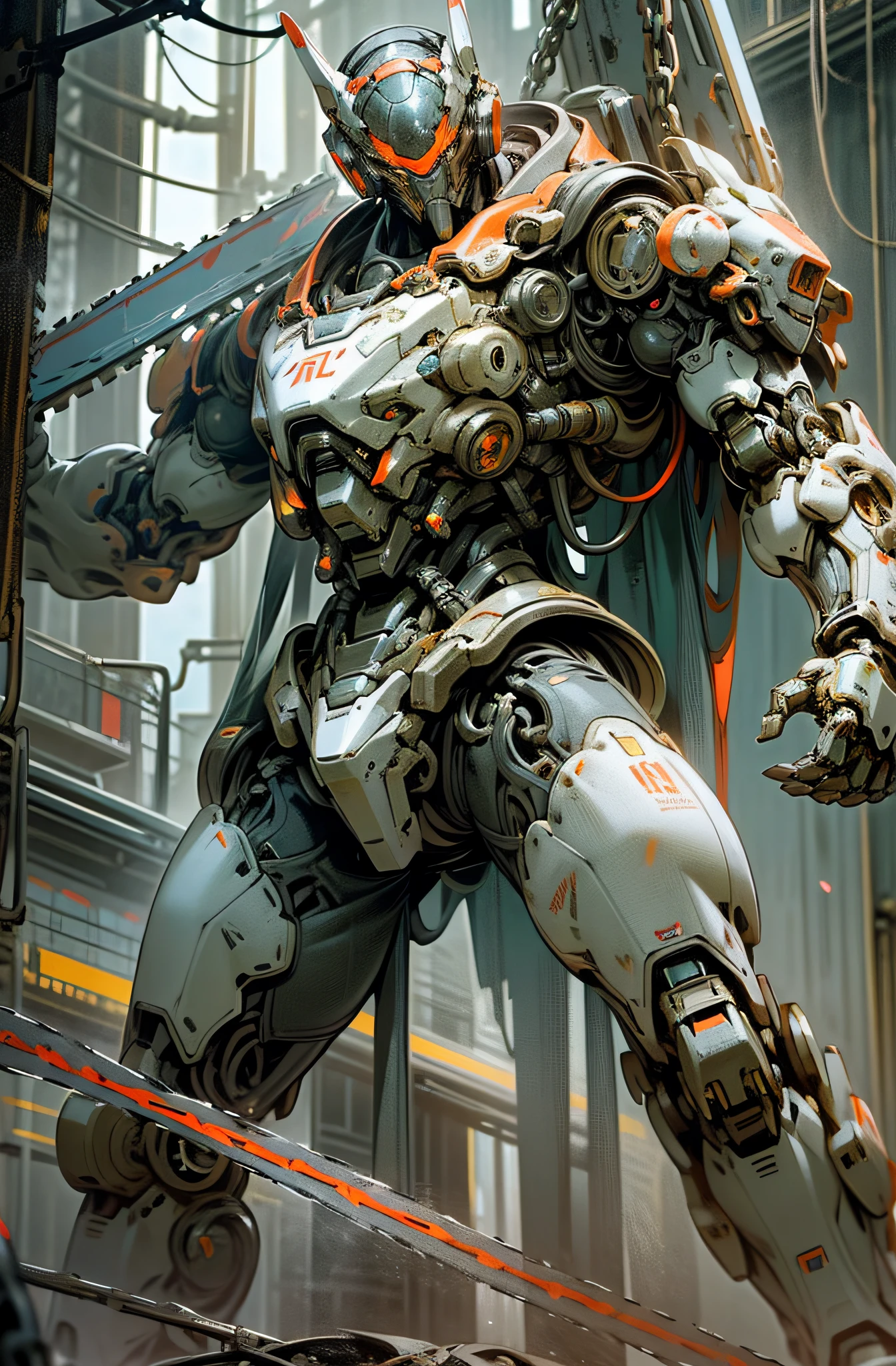 Dark_Fantasy,Cyberpunk,(chain saw,chain saw man,Red:1.1),1man,Mechanical marvel,Robotic presence,Cybernetic guardian, wearing a worn-out mech suit, intricate, (steel metal [rusty]), elegant, clear focus, shot by greg rutkowski, soft lighting, vibrant colors, masterpiece, ((street)), cowboy shot, dynamic pose,