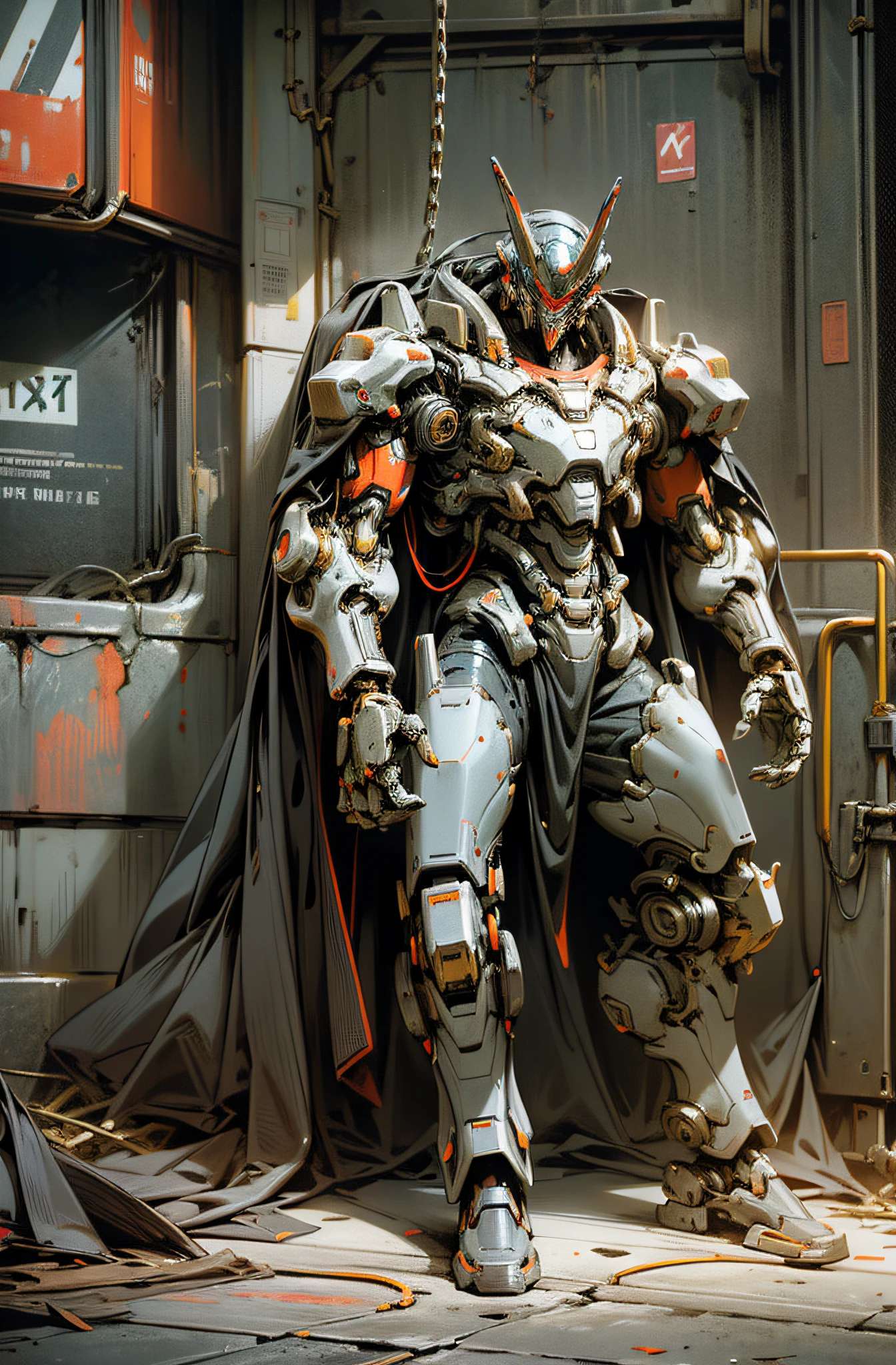 Dark_Fantasy,Cyberpunk,(chain saw,chain saw man,Red:1.1),1man,Mechanical marvel,Robotic presence,Cybernetic guardian, wearing a worn-out mech suit, intricate, (steel metal [rusty]), elegant, clear focus, shot by greg rutkowski, soft lighting, vibrant colors, masterpiece, ((street)), cowboy shot, dynamic pose,