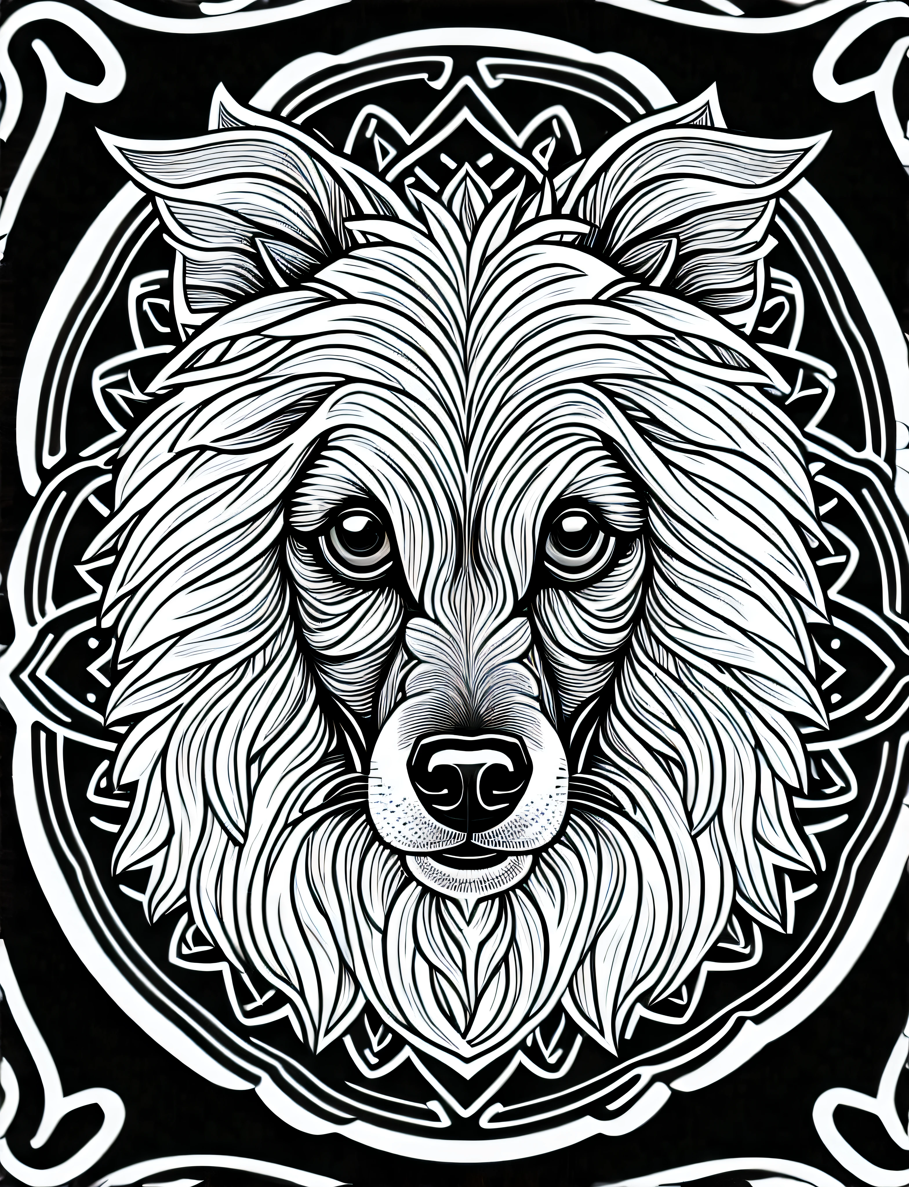 a Chinese Crested Dog style dog, fantasy, magical, mandala, unusual, black and white, wavy lines, realistic line art drawing, coloring book page, no noise, sharp thick lines, contour art, centered image, isolated on a white background