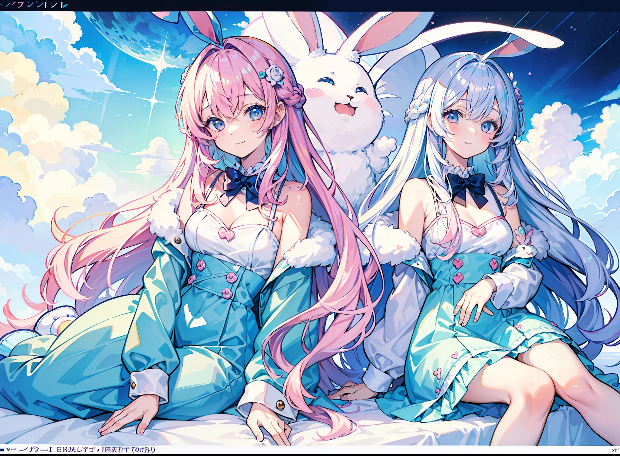 (masterpiece, top quality, best quality, official art, beautiful and aesthetic,1girl,:1.5), (best softness:1.2),(pastel color:1.4),(cute illustration:1.5),(watercolor:1.2),( character sheet:1.4), (concept art:1.3),(1 girl: 1.3), (kawaii illustration:1.3), viewer watching, pattern, (iridescent hair, colorful hair, half light purple and half pink hair: 1.2), moon, night, relaxing on clouds, rabbit, fluffy, muffled, happy, heart