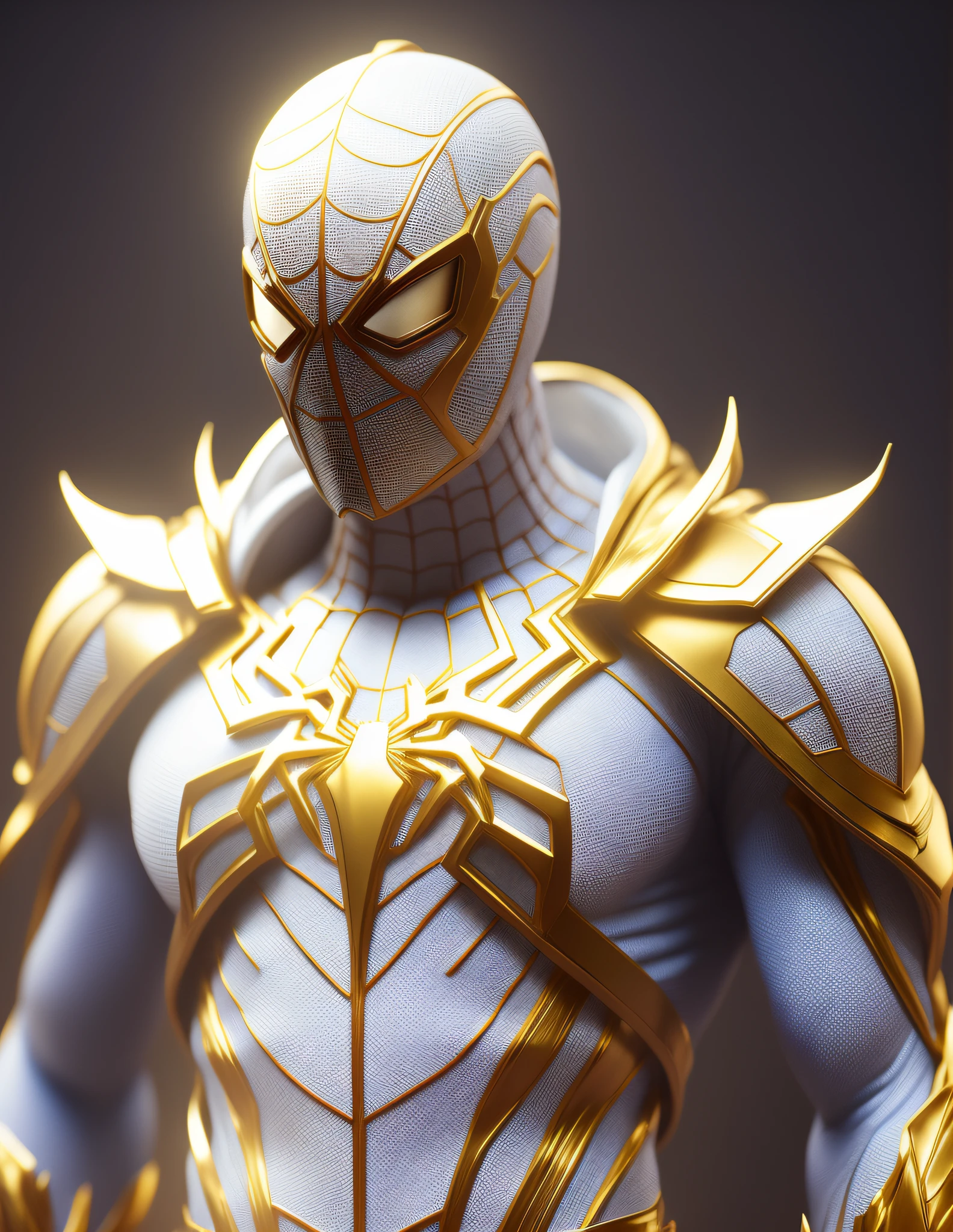 a close up of a statue of a man with a gold and white costume, super detailed render, 3 d render character art 8 k, intricate white and gold armor, full samurai armor spiderman, high detail iconic character, 8k render”, octane render ”, octane render”, super detailed octane render, super rendered in octane render, hyper detailed 3 d render, futuristic style spiderman