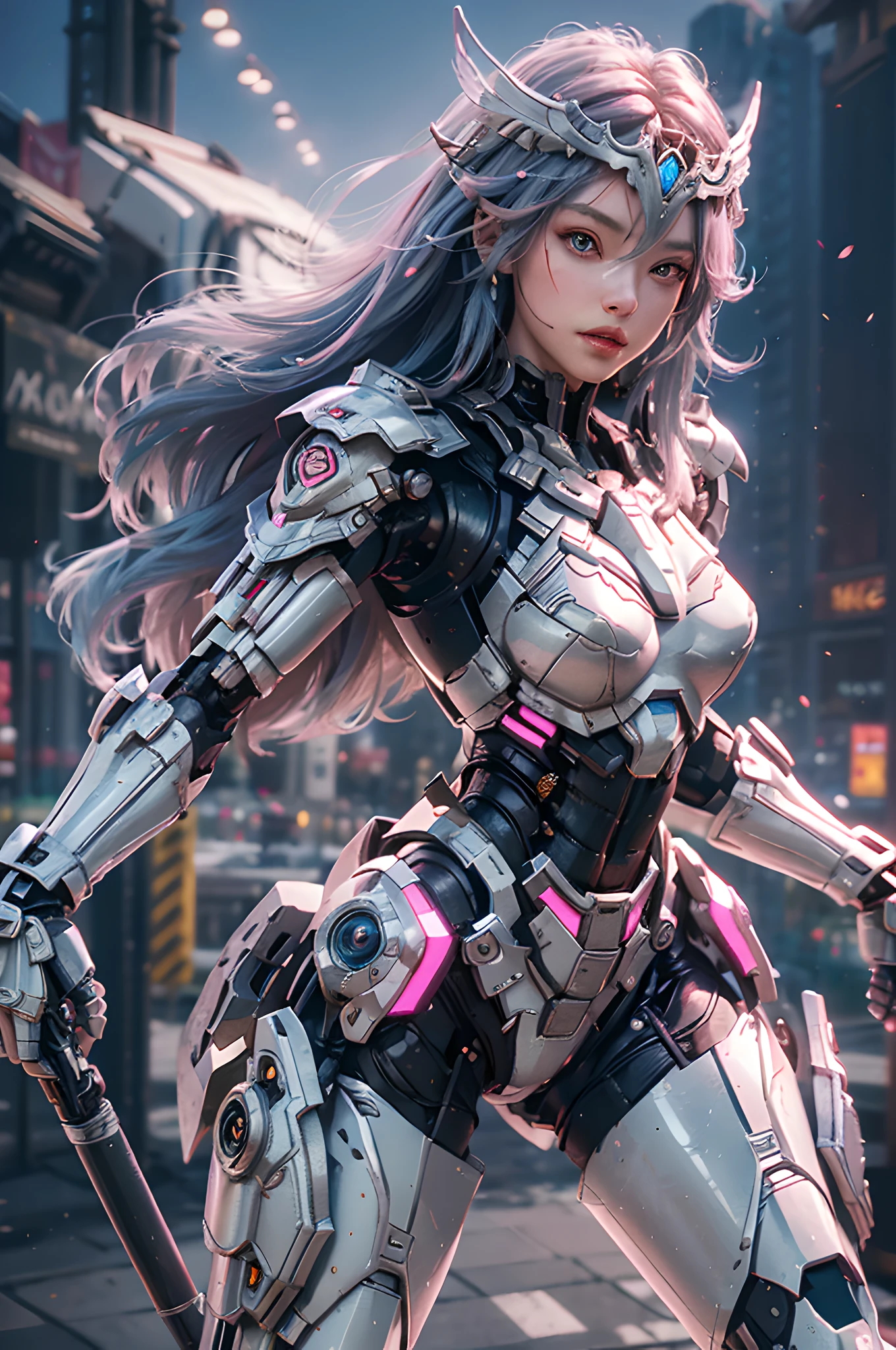 masterpiece, best quality, 1girl, solo, perfect face, looking at viewer, skin tight transparent vinyl, long blue hair, gray eyes, pale skin, shanyaogaoda, mecha,  pink armor with white part,  armor, helmet,  lineart, dimly lit, low key, sharp focus, octane, backlighting, machinery, backlighting, shiny clothes, mechanical legs, thrusters, flying, hair ornament,  high heels, shiny, artist name, standing, thighs, pink eyes, teeth, looking down, armored boots, cyborg, (big mechanical background:1.2), bare shoulders, lips, machine, The view from the bottom up, cosplay, RAW photo, delicate, best quality, (intricate details:1.3), hyper detail, finely detailed, colorful, 8k uhd, film grain, (studio lighting:1.2), (Fujifilm XT3), (photorealistic:1.3), (detailed skin:1.2)ultra high res, outside in the park with lake, best quality, photo, 4k, (photorealistic:1.4)