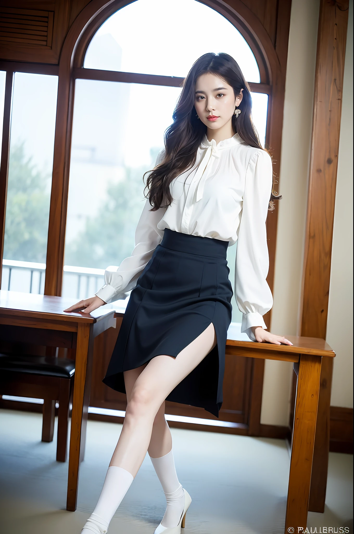(8K, Best Quality, Best Masterpiece, Ultra High Definition: 1.2) (Paul Rubens and Rebecca Guay Style: 1.1) Photo of beautiful Japan woman wearing white blouse and blue skirt and white ankle socks and pumps