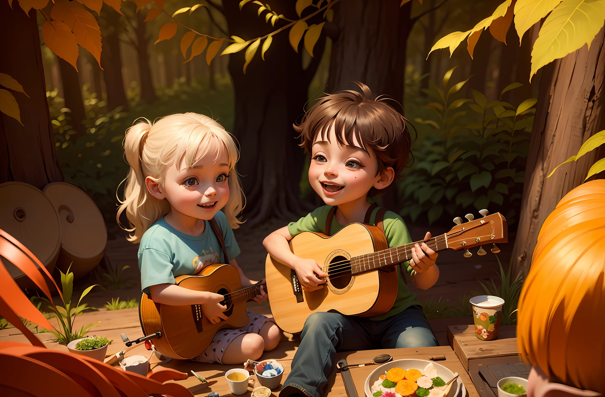painting of two cheerful, lively, happy, celebrating, playing guitar in a forest, 3d drawing of friends, by Craig Davison, by Elaine Hamilton, playing little viola, by Orshi Drozdik, in the style of Shrek movie, animated movie still, 3D animated movie still, adorable disney pixar digital painting, by Eugeniusz Zak, cute art, by Nándor Katona, Masterpiece, high quality.