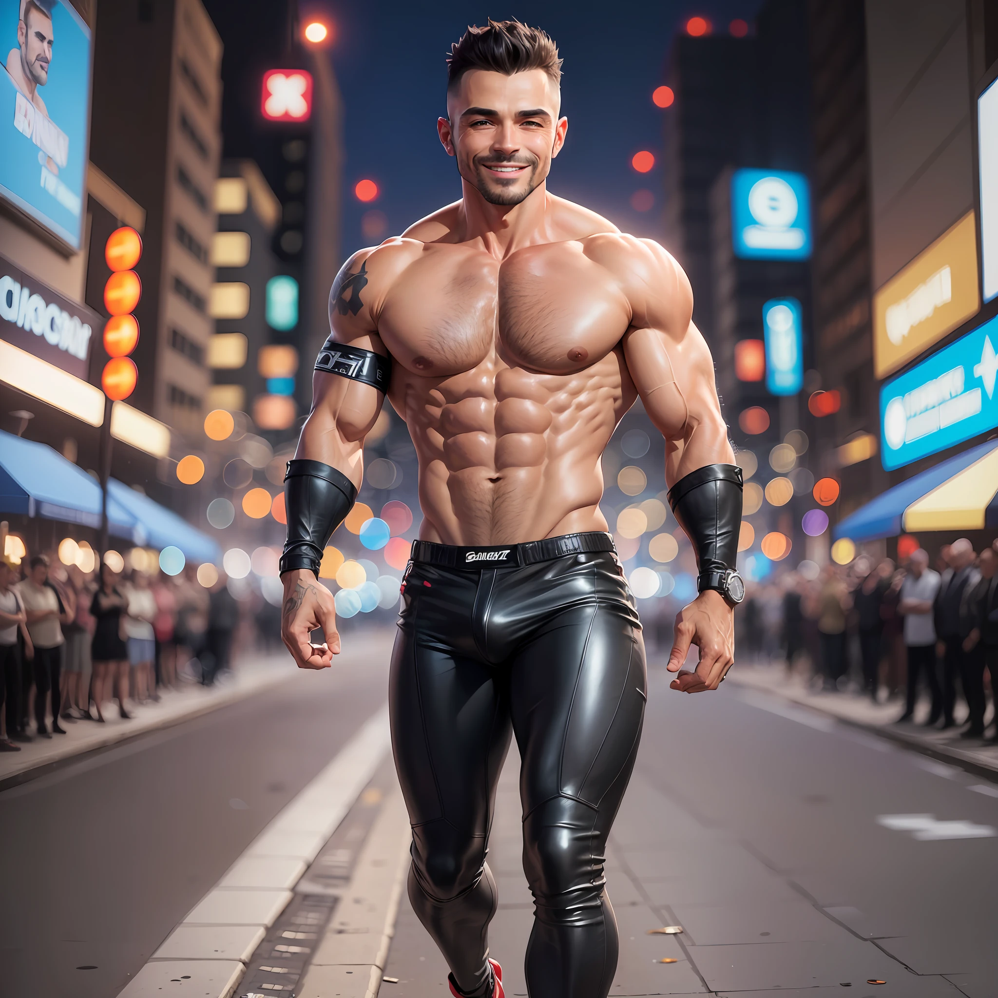 ((full body portrait of)) star antonio biaggi ((wearing a)) black leather speedo, ((smiling)) in front of an ((urban)) backdrop. the city behind him is alive with bright lights and bustling with energy. he appears confident and powerful, with toned humungous muscles and a chiseled jawline., ultra high res, best quality, 8k, raw photo --auto --s2