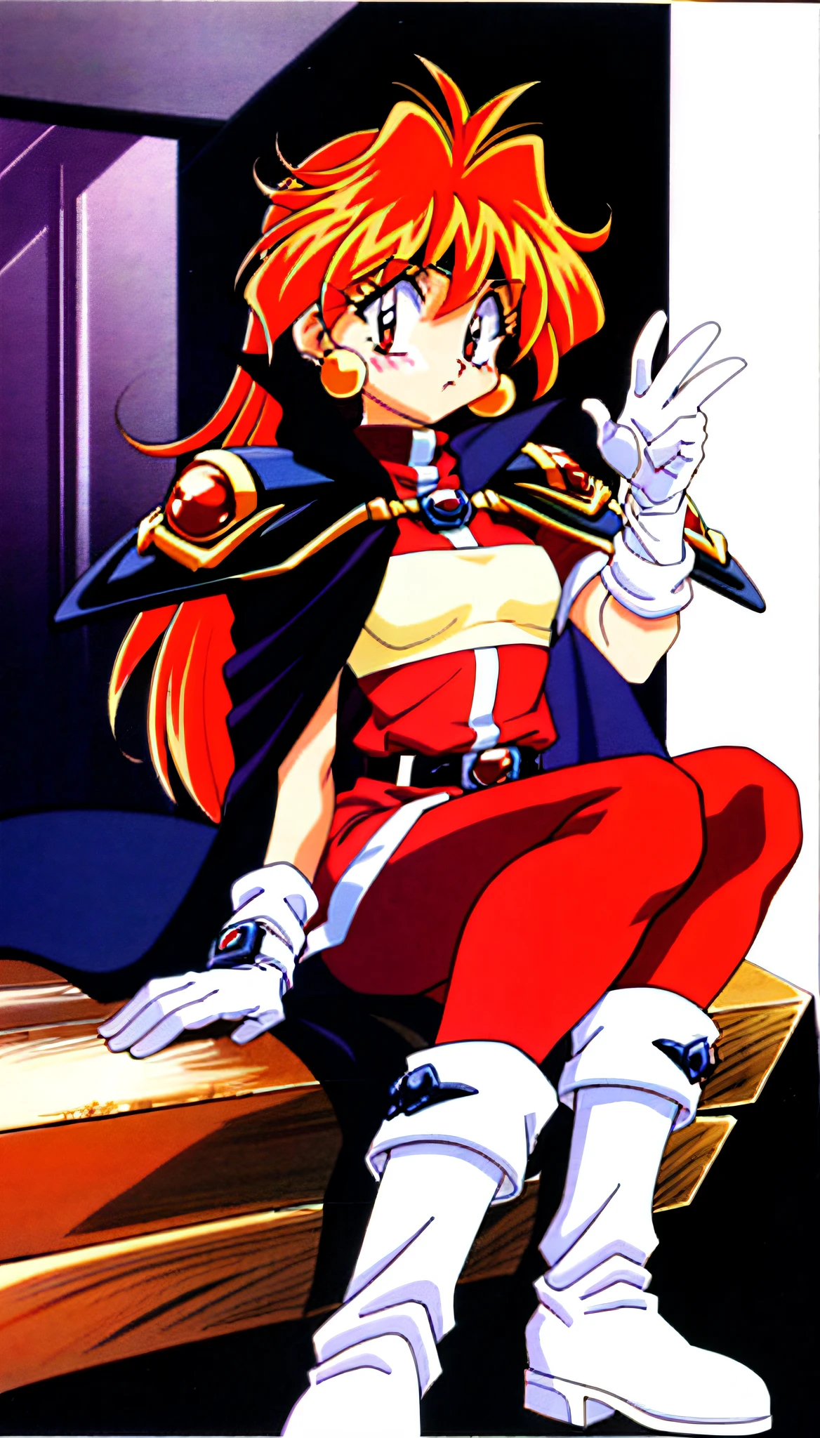 masterpiece, best quality, ultra-detailed, illustration, 1girl, 1990s \(style\), belt, boots, cape, earrings, gloves, headband, jewelry, lina inverse, long hair, pantyhose, red eyes, red hair, orange hair, retro artstyle, solo, traditional media,