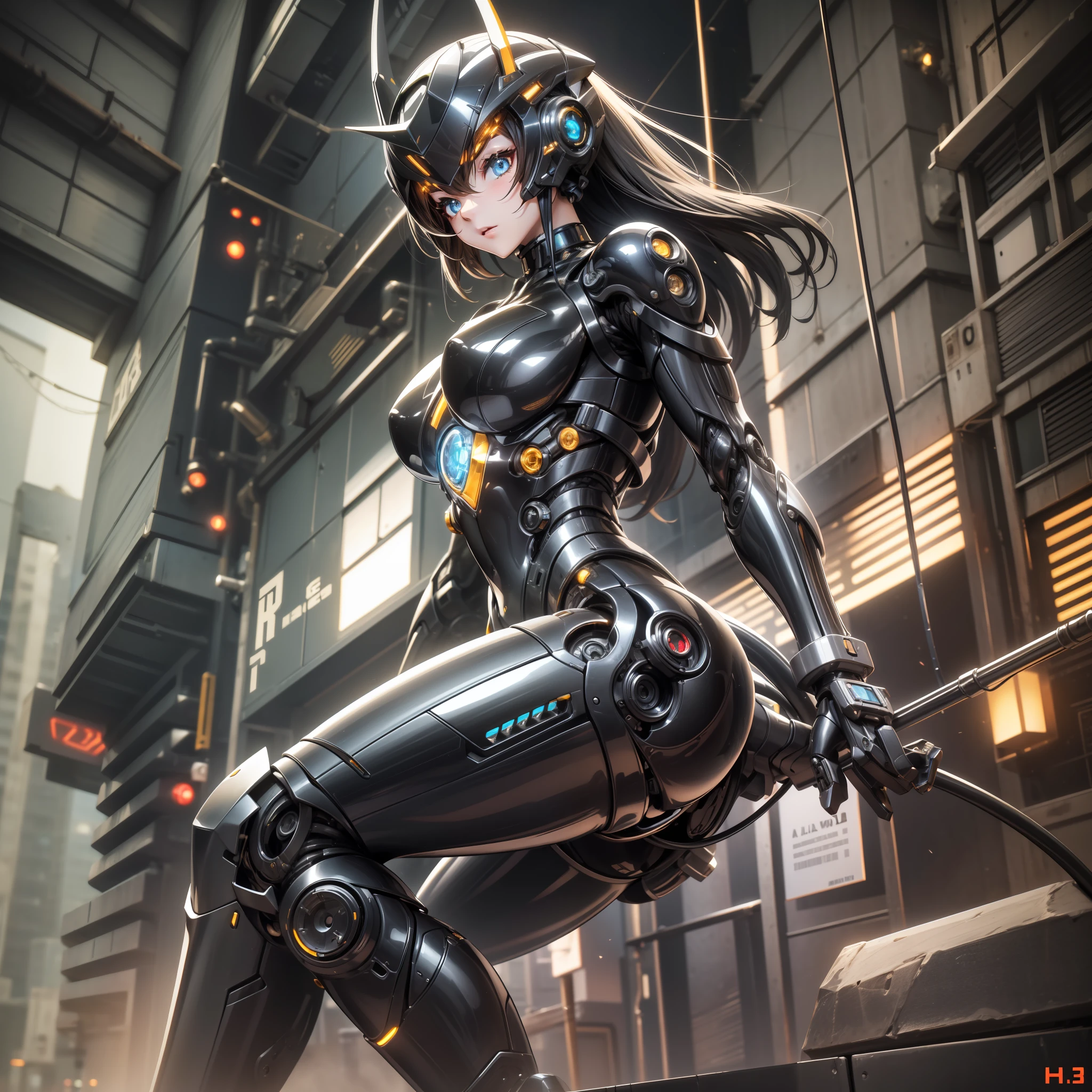 Helmet with antenna, cute girl made of metal, (Cyborg: 1.1), ([Tail | More Wire]: 1.3), (Complex Detail), HDR, (Complex Detail, Ultra Detail: 1.2), Cinematic Shot, Masterpiece, Best Quality, High Resolution, Vaginal Foreign Body Insertion, Centered, Very Stylish, Black Rubber Bodysuit,