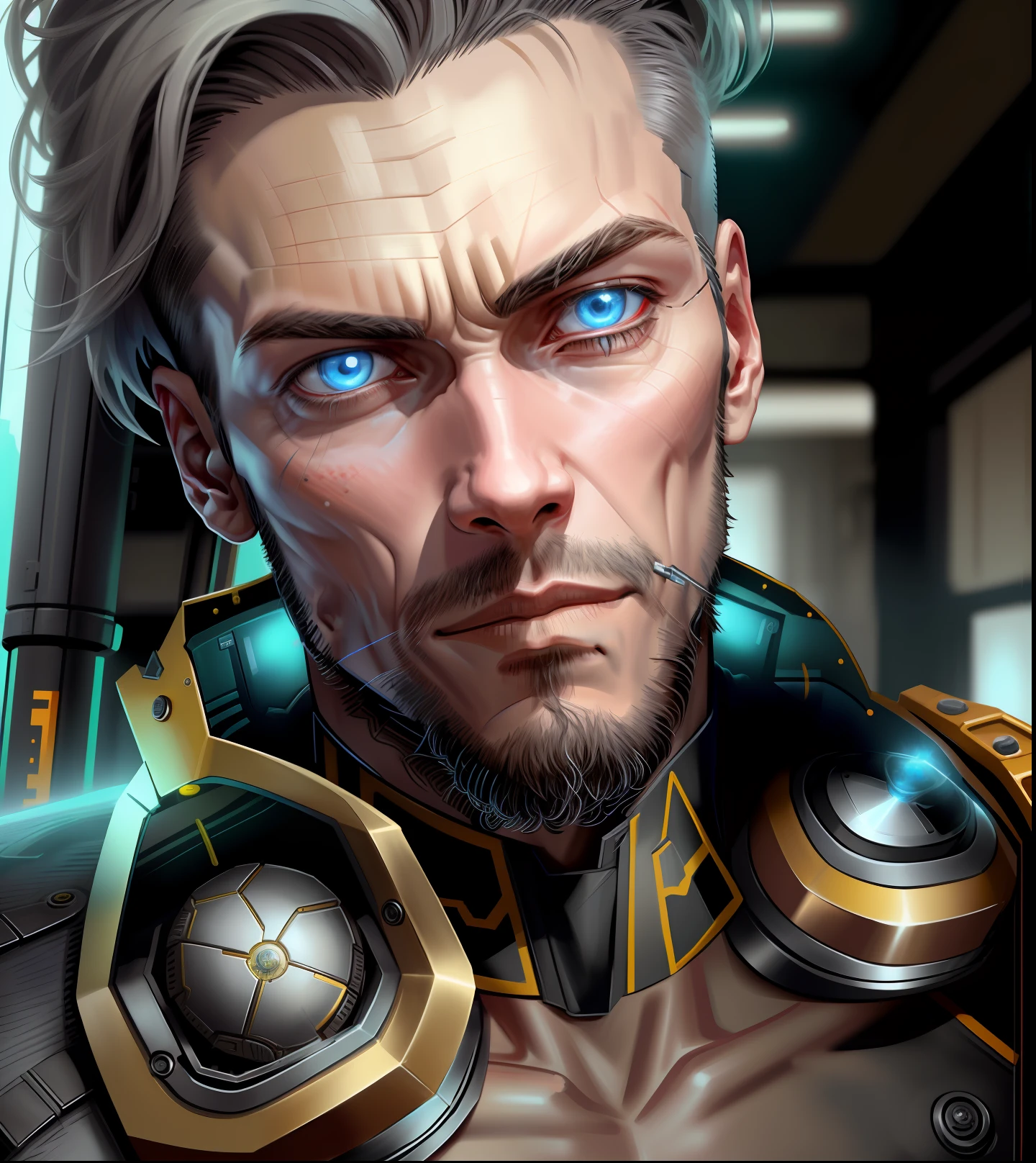 A cybernetic man in the range of 27 years old, muscular stereotype, with cowboy hat (mechanical parts: 1.5), fighting, bright eyes, short hair, tight supersuit torn, in a destroyed city, smoke and fire, aura of brilliant power, dynamic pose, dynamic vision, hyper detailed, 8k quality, with tattoo on the arm, mechanical roman watch on the chest, merge images,  hyper realism. Enjoy original photo base, mechanical and human bust. With gray goatee and gray hair.