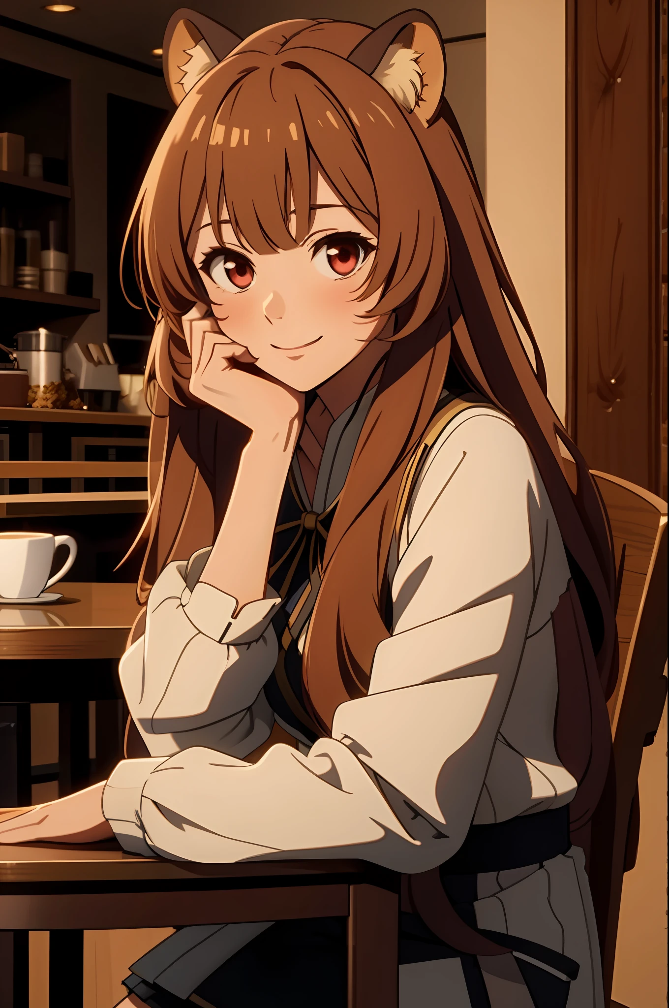 Raphtalia, ((masterpiece, best quality)), young, cute, adorable, 1girl, solo, long hair, looking at viewer, brown hair, red eyes, animal ears, fluff, raccoon girl, racoon tail, looking happy, happy face expression, indoors, at the cafe, sitting on stool, at the table, highest quality, high resolution.