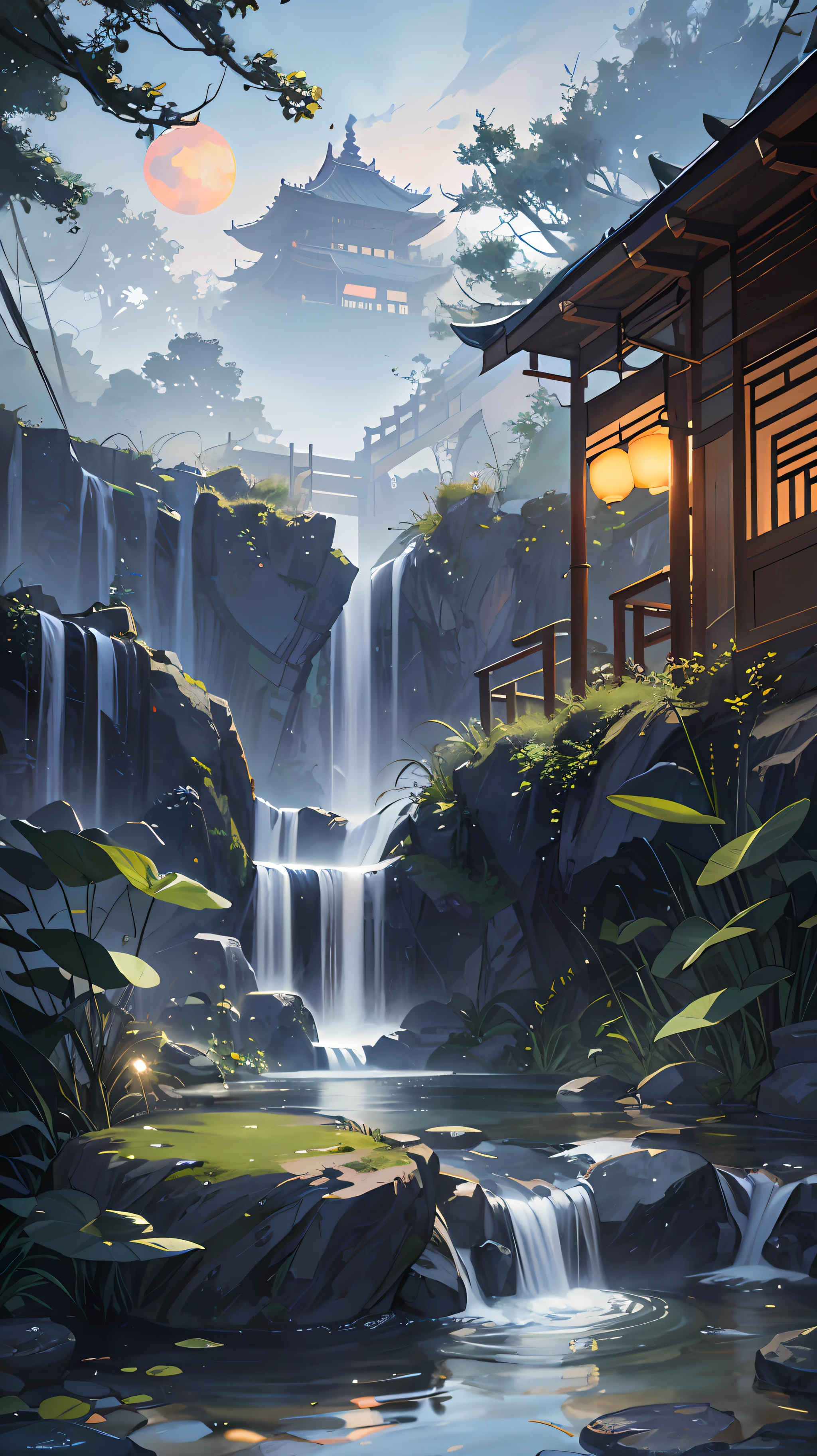 9:16 Full picture, ancient Chinese architecture, hazy moon, night, garden, bamboo, lake, stone bridge, rockery, arch, corner, rockery, tree, running water, landscape, outdoor, waterfall, grass, rock, water lily, hot spring , Water Vapor, (Illustration: 1.0), Epic Composition, Detail Enhancement, Detail Enhancement. Realistic lighting, HD details, masterpiece, best quality, (very detailed CG unity 8k wallpaper), (best quality)