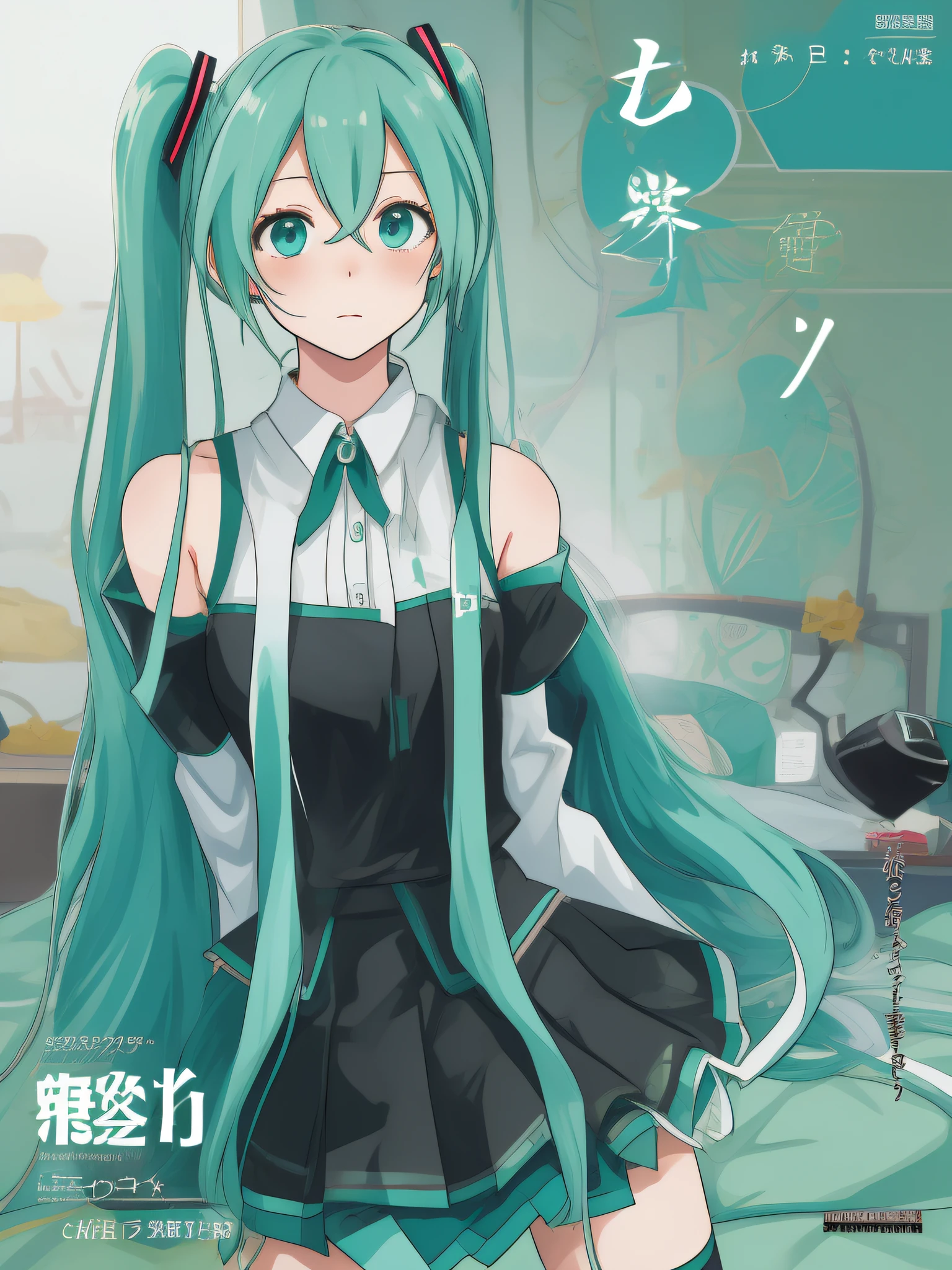 (cover, cover page:1.3), hatsune miku, twintails, green hair,bare shoulders, black skirt, black sleeves, detached sleeves, cyan shirt, hair ornament, (embarrassed:1.1), bedroom in gochuumon wa usagi desu ka? style, nostalgic