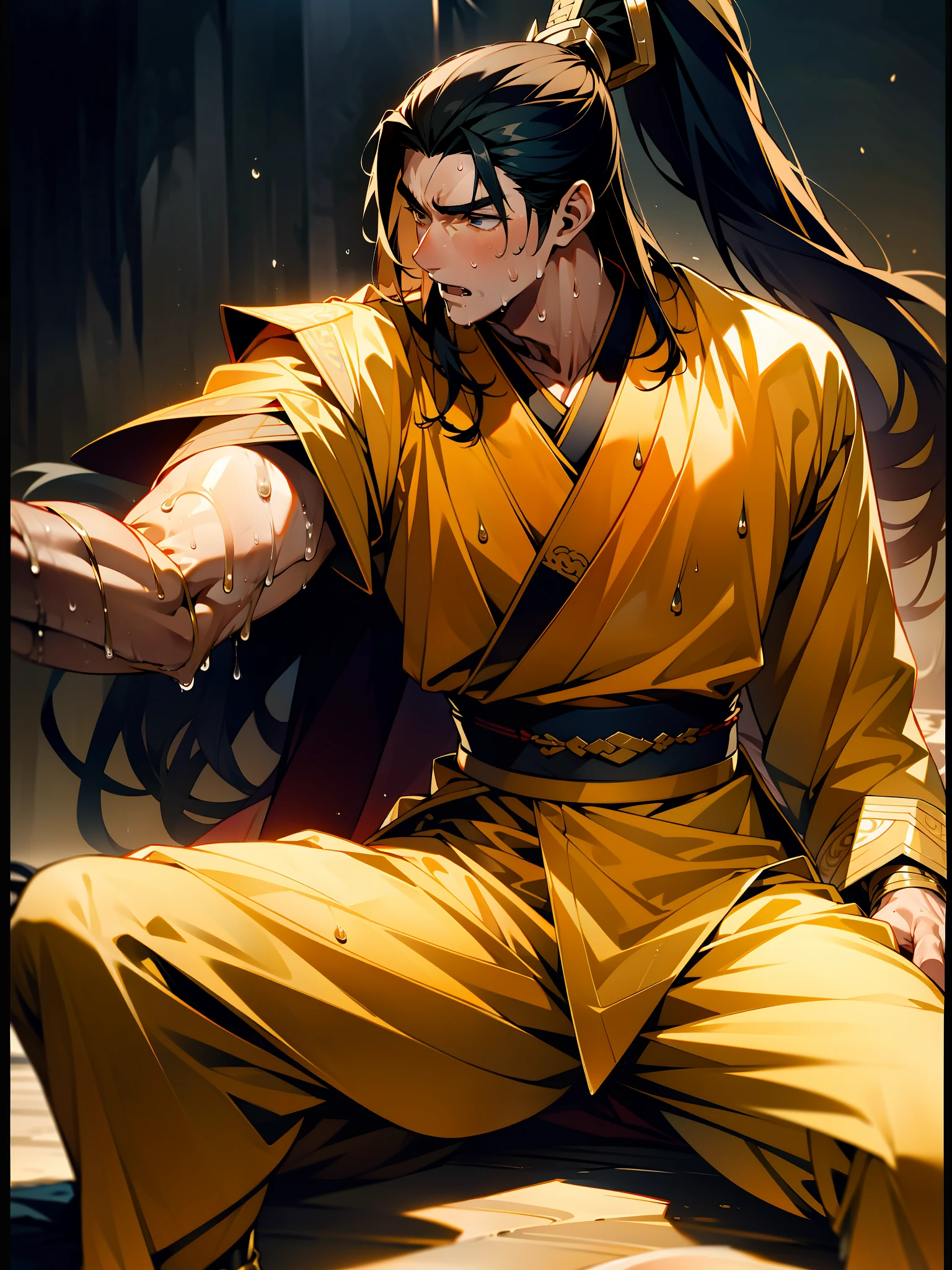 1 male, sweating, open mouth, drooling, wet, wet, sweaty pectorals, sweaty abs, sweaty crotch, golden costume Hanfu, dragon robe, handsome face, highest image quality, dark skin, high ponytail long hair, detail Hanfu, wearing arm guards, armor, leg guards (leg nails), leggings, ancient boots (ancient Chinese military boots), appearance looks like a general, squat, split legs squat, half squat, holding a sword, sweating crotch, crotch shape, crotch sweating, long legs, leg contour, thigh close-up, calf close-up, perfect legs