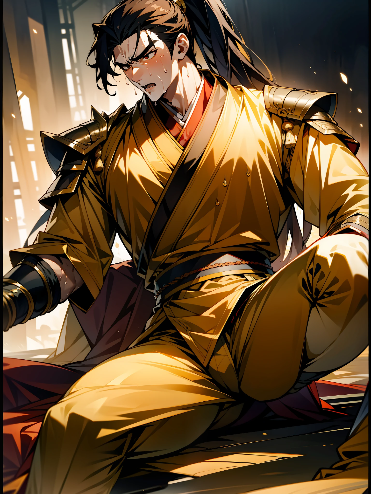 1 male, sweating, open mouth, drooling, wet, wet, sweaty pectorals, sweaty abs, sweaty crotch, golden costume Hanfu, dragon robe, handsome face, highest image quality, dark skin, high ponytail long hair, detail Hanfu, wearing arm guards, armor, leg guards (leg nails), leggings, ancient boots (ancient Chinese military boots), appearance looks like a general, squat, split legs squat, half squat, holding a sword, sweating crotch, crotch shape, crotch sweating, long legs, leg contour, thigh close-up, calf close-up, perfect legs