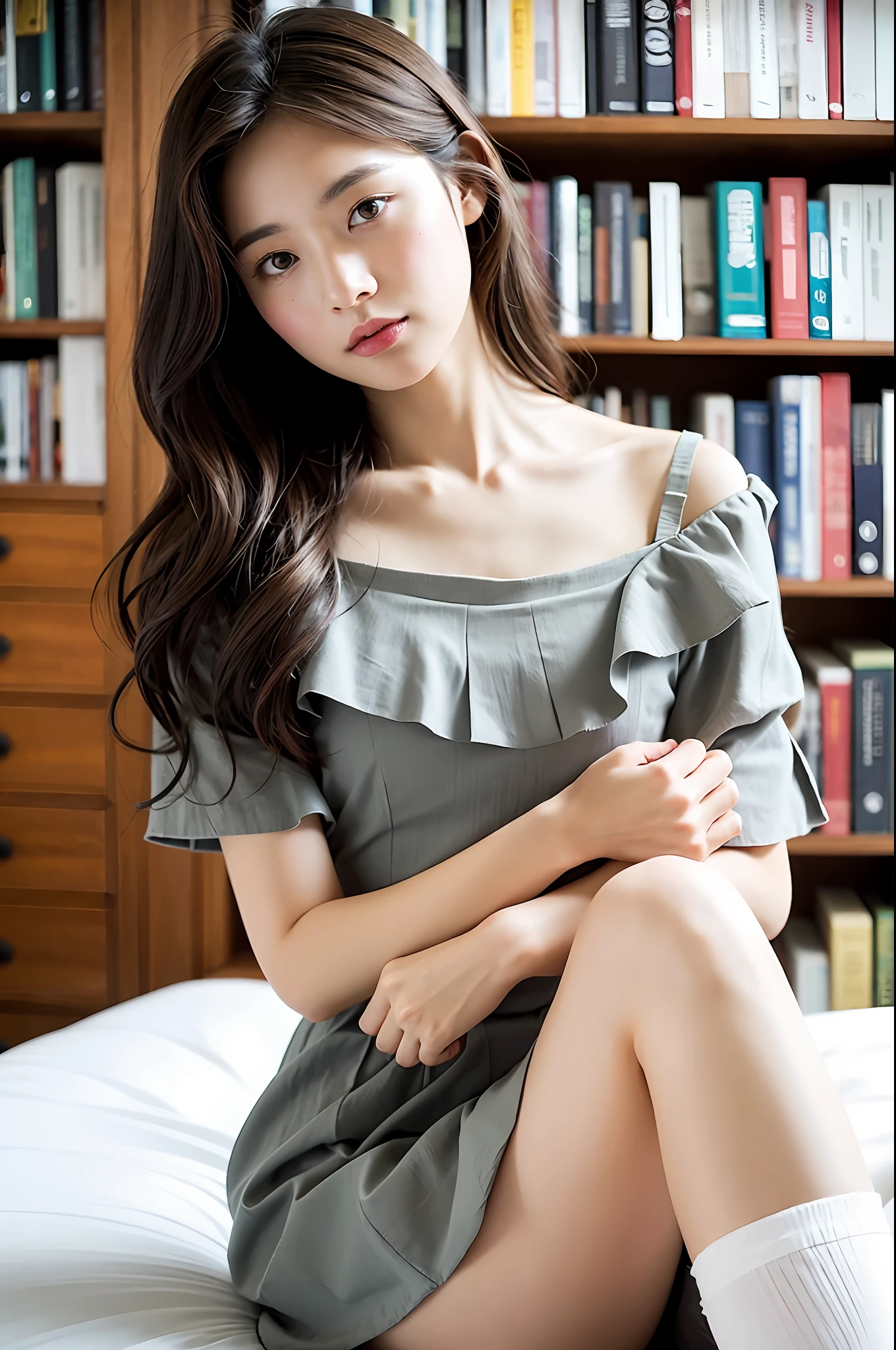 Prompt Merge

Capture the serene beauty of a young woman immersed in the peaceful atmosphere of the library. Soft diffused lighting gently illuminates her features, emphasizing her delicate expression and creating a tranquil atmosphere. Library shelves filled with books provide a background of knowledge and wisdom. It focuses on capturing the natural charm and elegance of the model, maintaining the essence of calm and reflective moments. A lovely 21-year-old Japan gravure model with soft, wavy gray-brown hair adorned with ribbons captivates with a seductive look. She wears a white blouse with ruffles, a blue skirt with ruffles, and white ankle socks. Sitting on the bed, she hugs her knees while staring at the camera, exuding a melancholic charm. Create a scene where beauty and ephemerality intertwine.