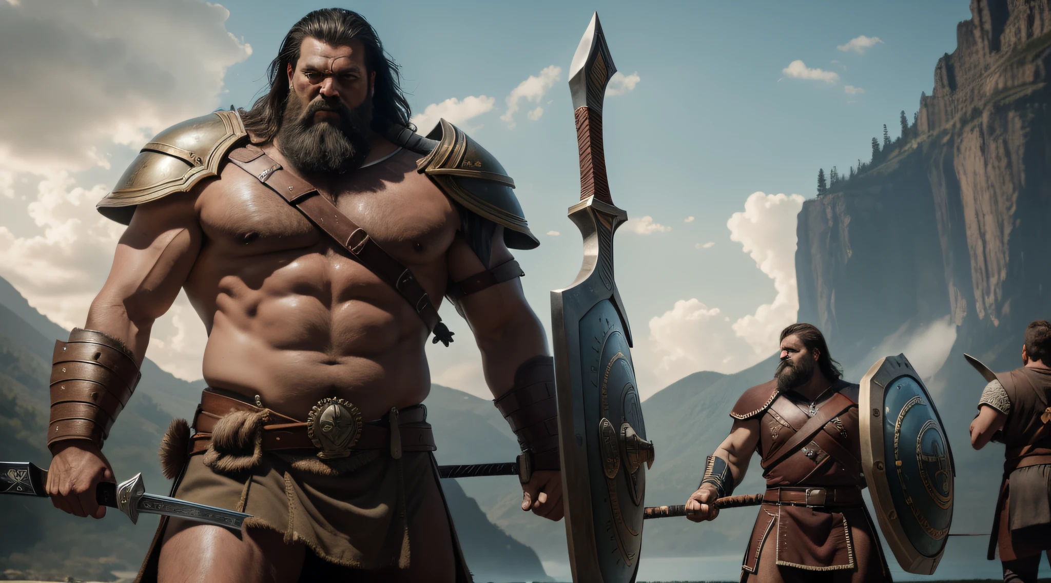 Giant Goliath wielding a huge sword and a shield, displaying his strength and grandeur. RAW photo, small details, photorealistic, ultra-realistic photo, 8k uhd, dslr, soft lighting, high quality, grain film, Fujifilm XT3, (masterpiece)