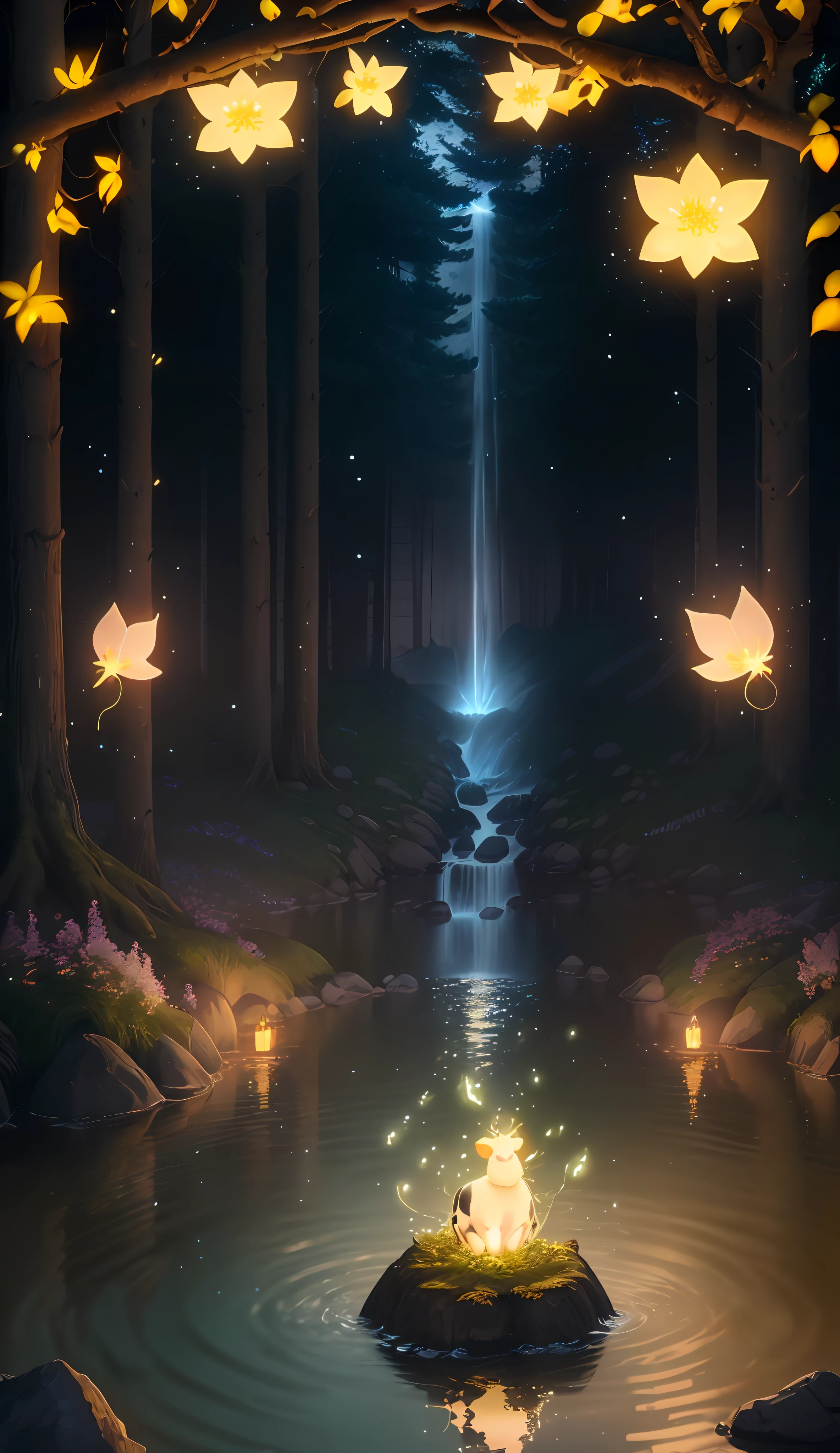 Best quality masterpiece (very detailed CG Unity 8k wallpaper), (best quality), (best illustration), (best shadow), (cow focus),glowing sprite, with glowing cow, in drinking water pool, wild themed natural elements Mysterious forest, beautiful forest, nature, surrounded by flowers, delicate leaves and branches surrounded by fireflies (natural elements), (forest theme), (leaves), (branches), (fireflies), (particle effects) etc. 3D, octane rendering, ray tracking, super detail