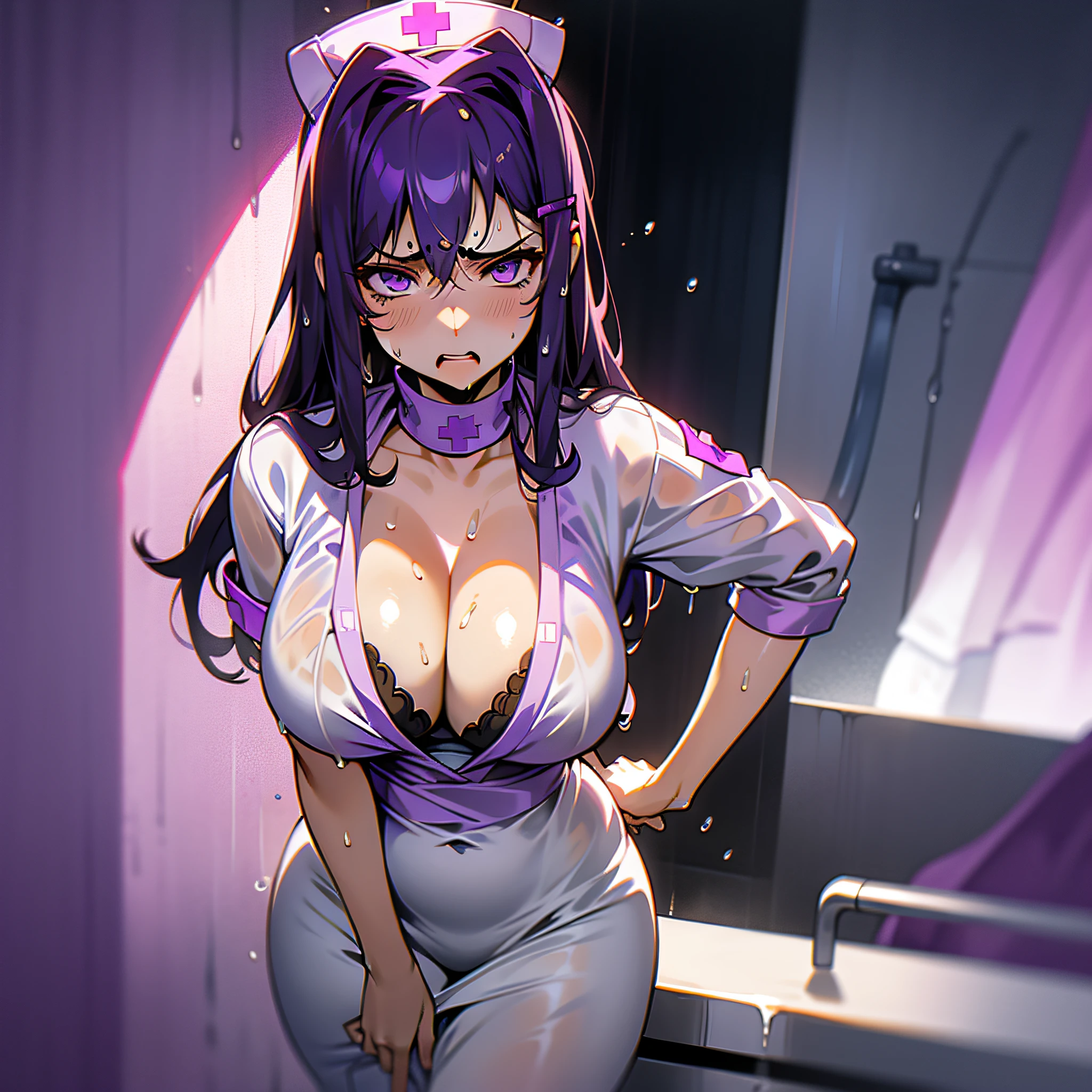 yuri, purple eyes, purple hair, hair between eyes, hairclip, ,sexy, 1girl, solo, pov, (curvy:1.2),large breasts, looking at view, cowboy shot, ((sexy nurse outfit)), hospital bathroom, (angry:1.3), (wet clothes:1.5), ((deep cleavage)), (bimbo1.5)
