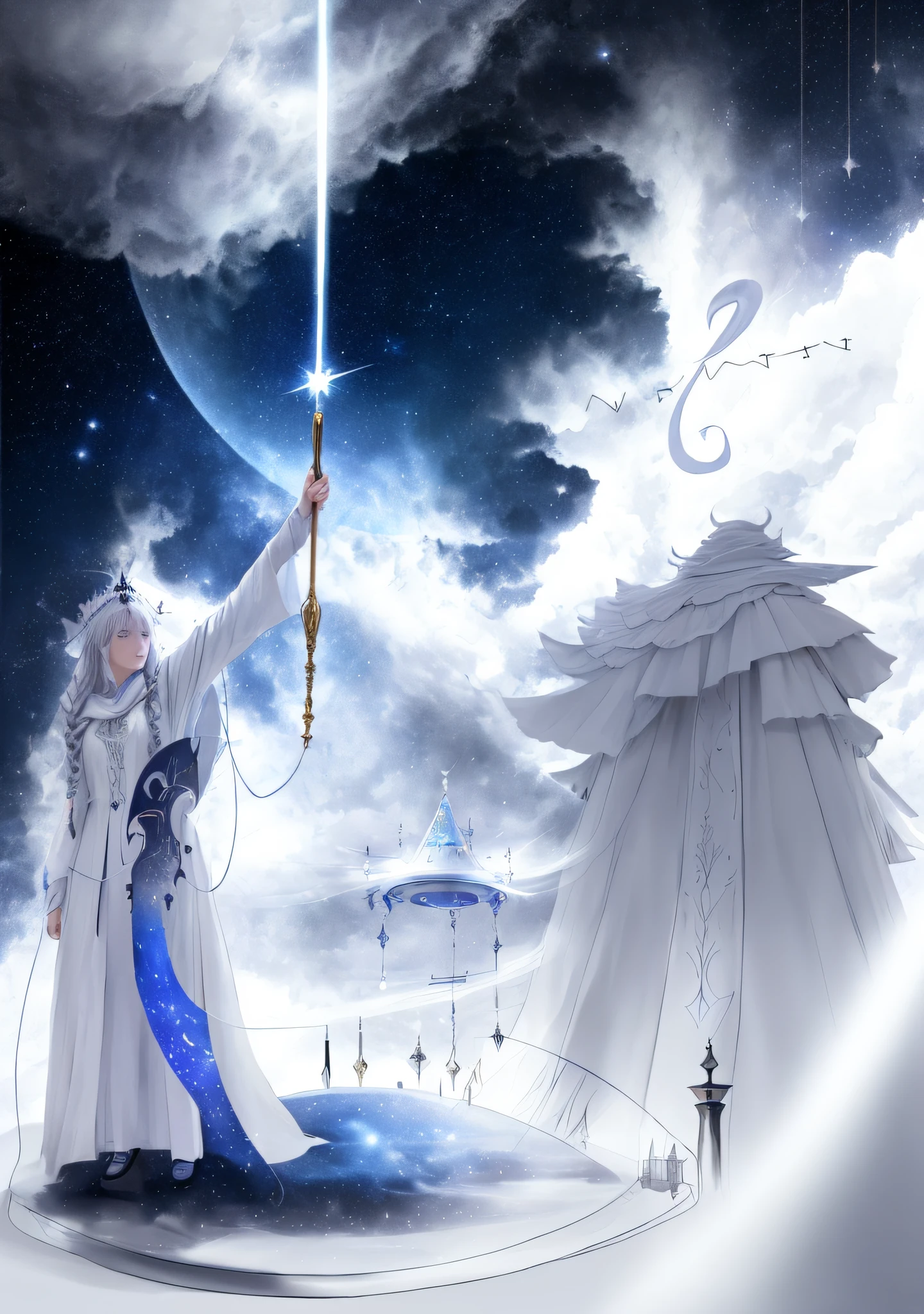 drawing of a woman in a white robe holding a wand, sketch of a lucid dream, a shaman holding up the universe, by Caroline Mytinger, inspired by Sigmar Polke, an alchemical art illustration, by Elmyr de Hory, magical composition, !dream concept art, inspired by Aladár Körösfői-Kriesch