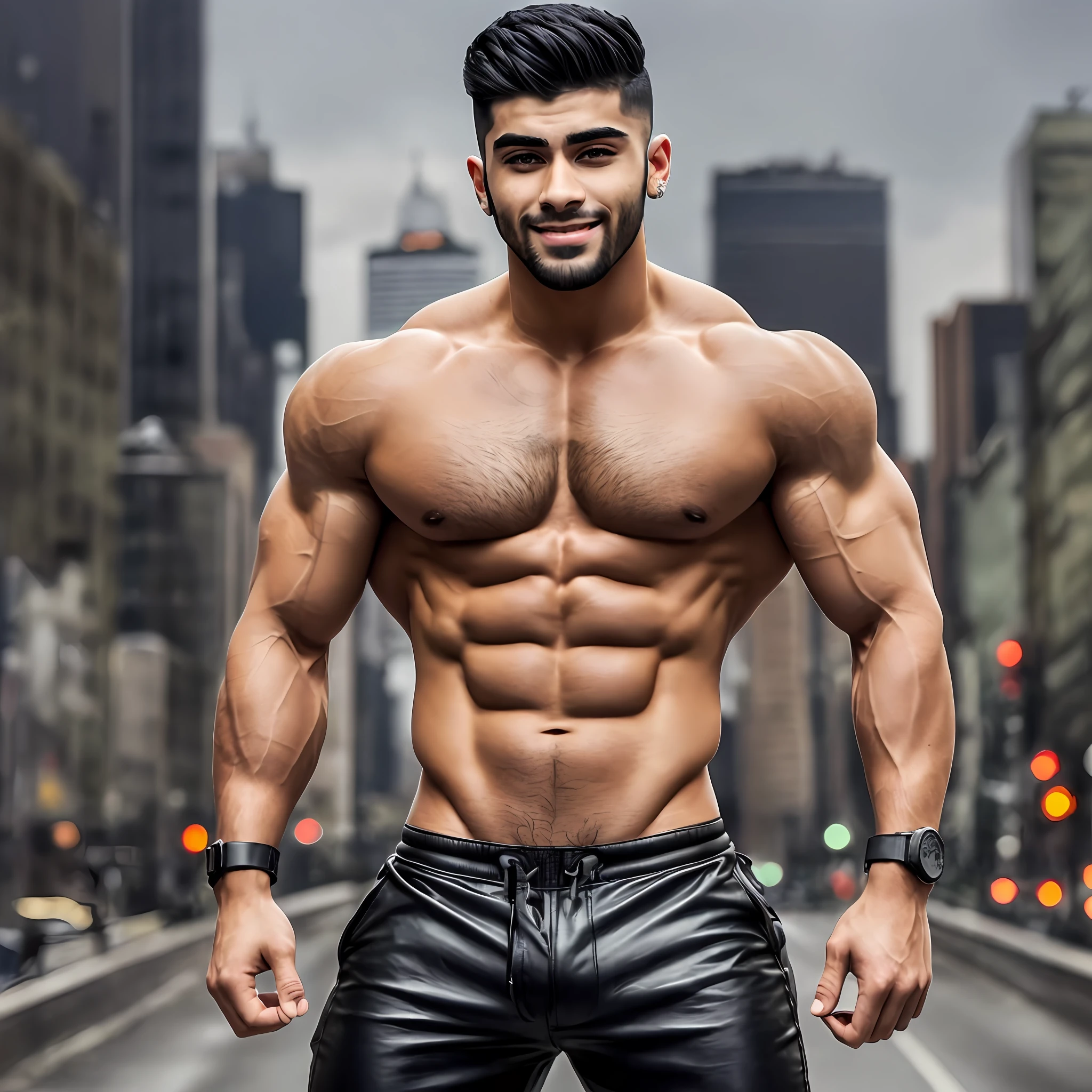 ((full body portrait of)) star Zayn Malik ((wearing a)) black leather speedo, ((smiling)) in front of an ((urban)) backdrop. the city behind him is alive with bright lights and bustling with energy. he appears confident and powerful, with toned humungous muscles and a chiseled jawline., ultra high res, best quality, 8k, raw photo , double cleft chin, oversized muscular pectorals, oversized muscular biceps, thick hands --auto --s2