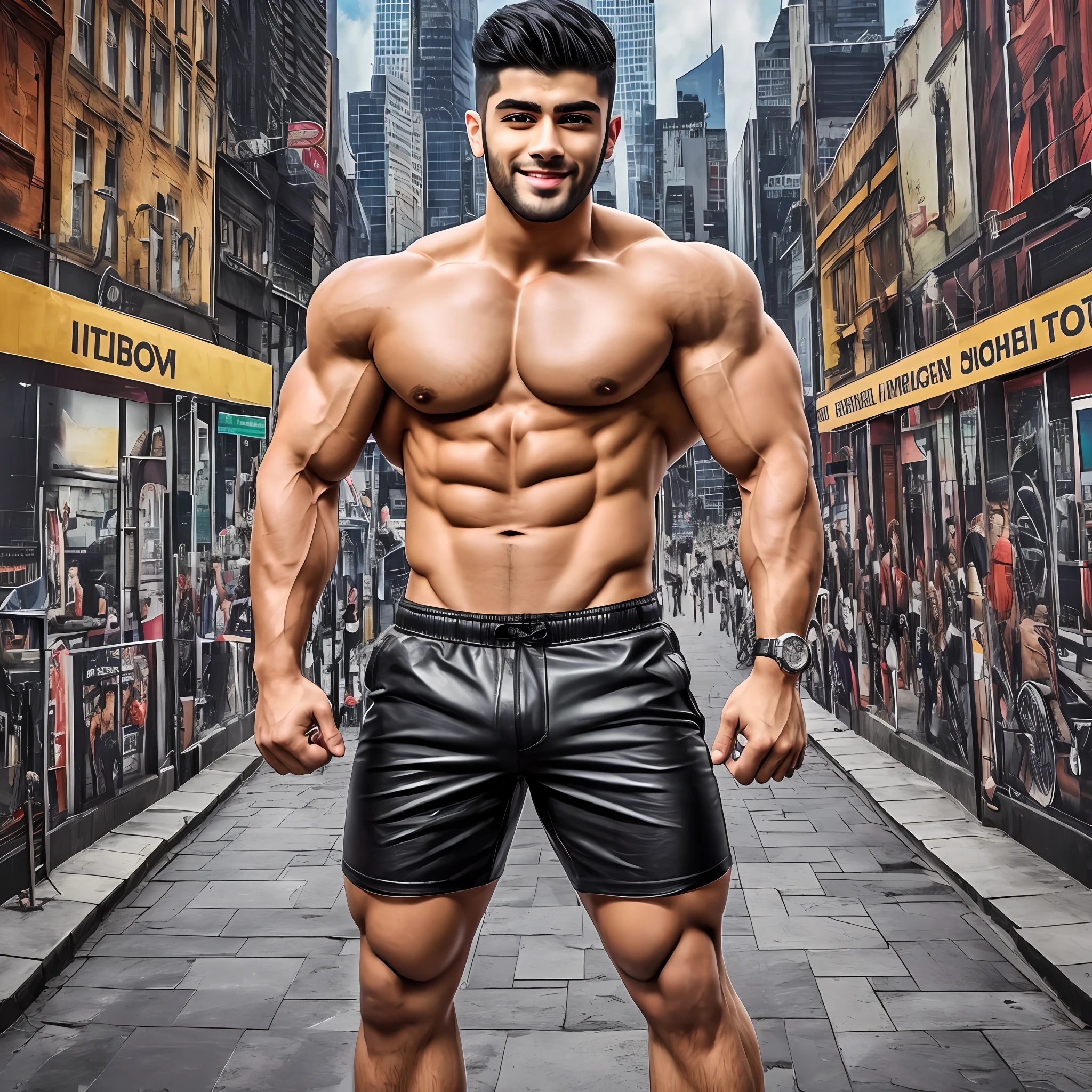 ((full body portrait of)) star Zayn Malik ((wearing a)) black leather speedo, ((smiling)) in front of an ((urban)) backdrop. the city behind him is alive with bright lights and bustling with energy. he appears confident and powerful, with toned humungous muscles and a chiseled jawline., ultra high res, best quality, 8k, raw photo  , double cleft chin, oversized muscular pectorals, oversized muscular biceps, thick hands --auto --s2